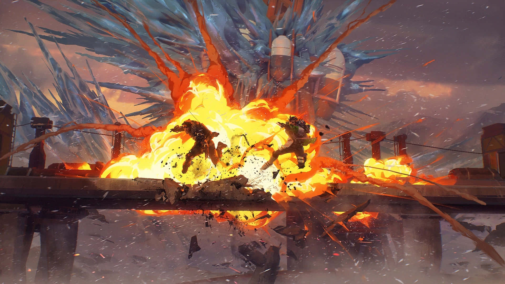 Apex Legends Mirage, twilight sky, fiery explosion, Full HD Desktop Wallpaper
