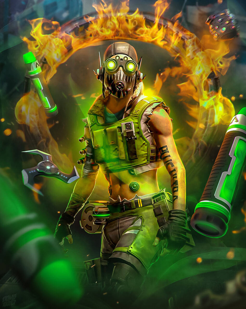 Apex Legends Octane, fiery green armored warrior, glowing goggles, HD Phone Wallpaper
