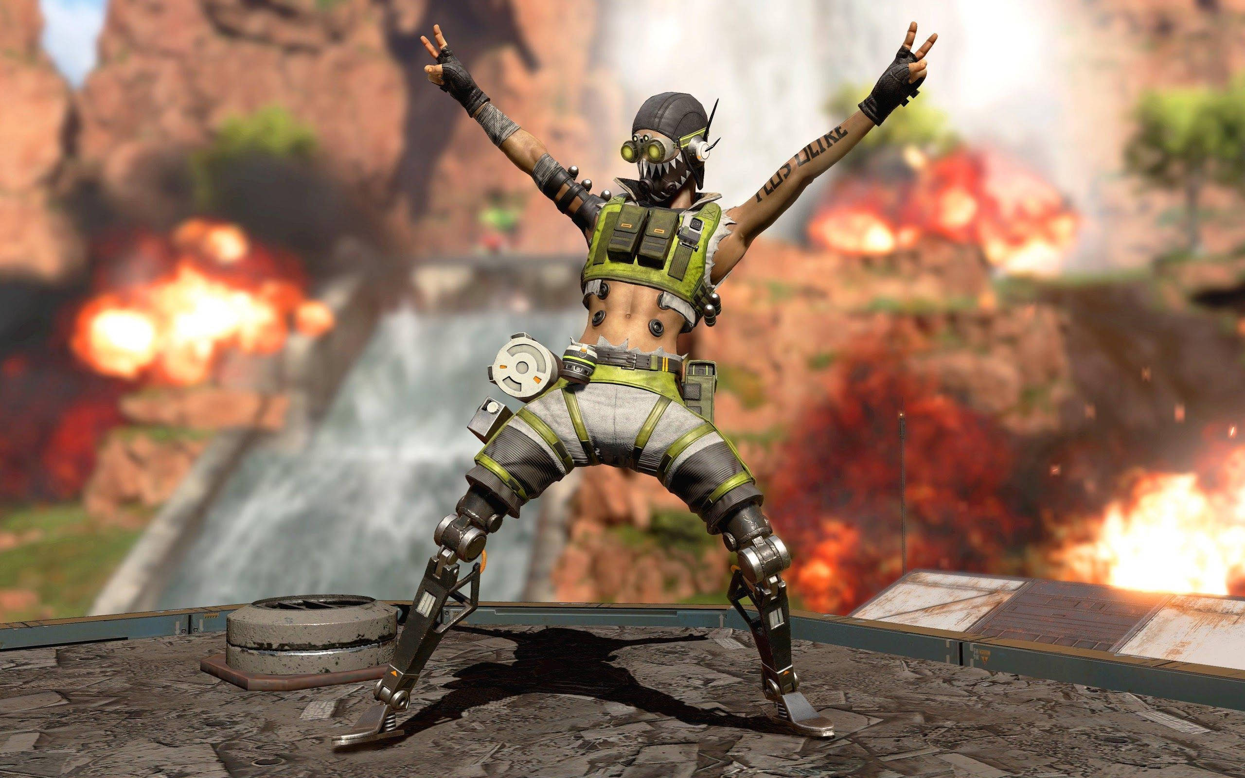 Apex Legends Octane, green tactical gear, rocky ledge, 2K Desktop Wallpaper