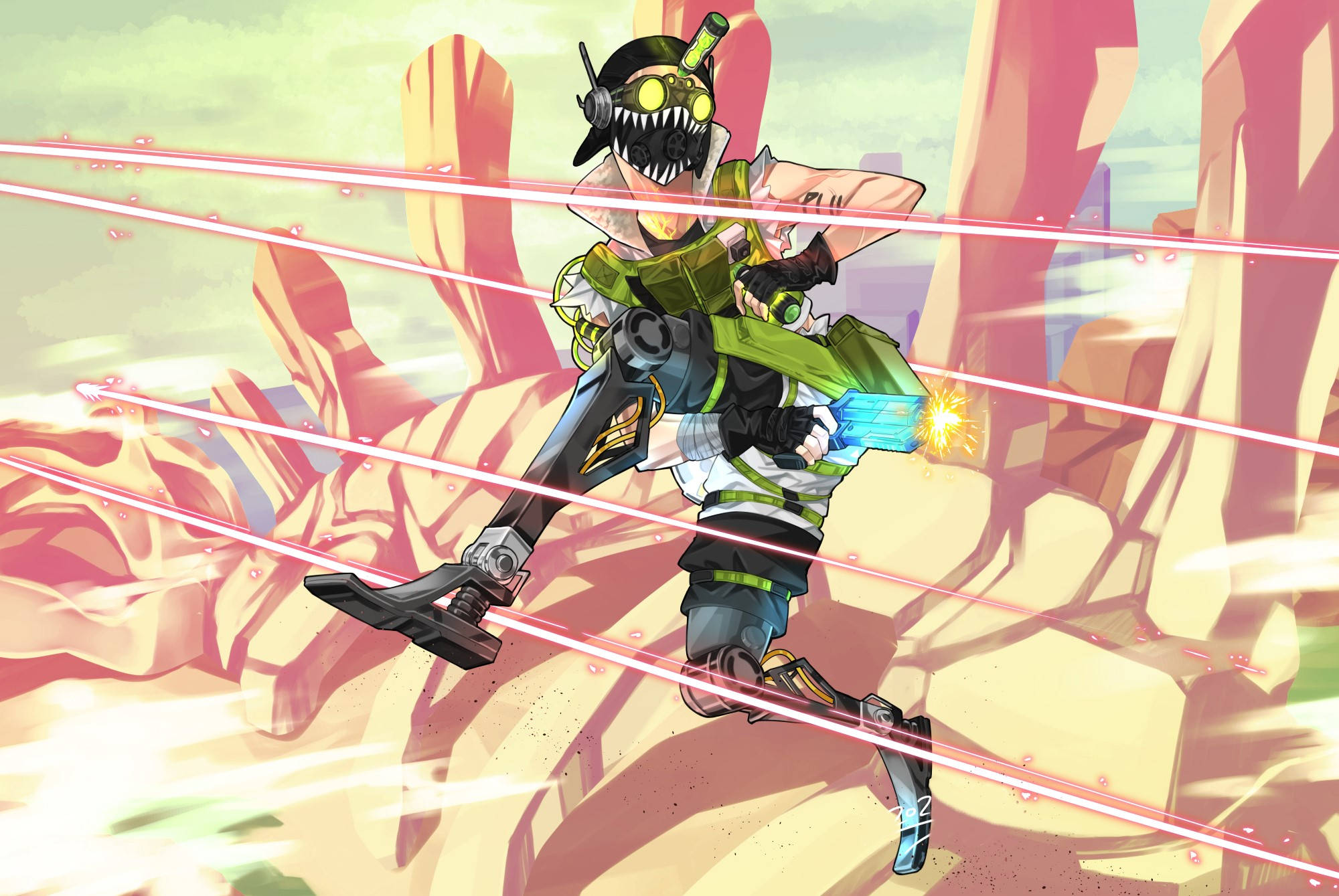 Apex Legends Octane, green gear, glowing blue weapon, Full HD Desktop Wallpaper