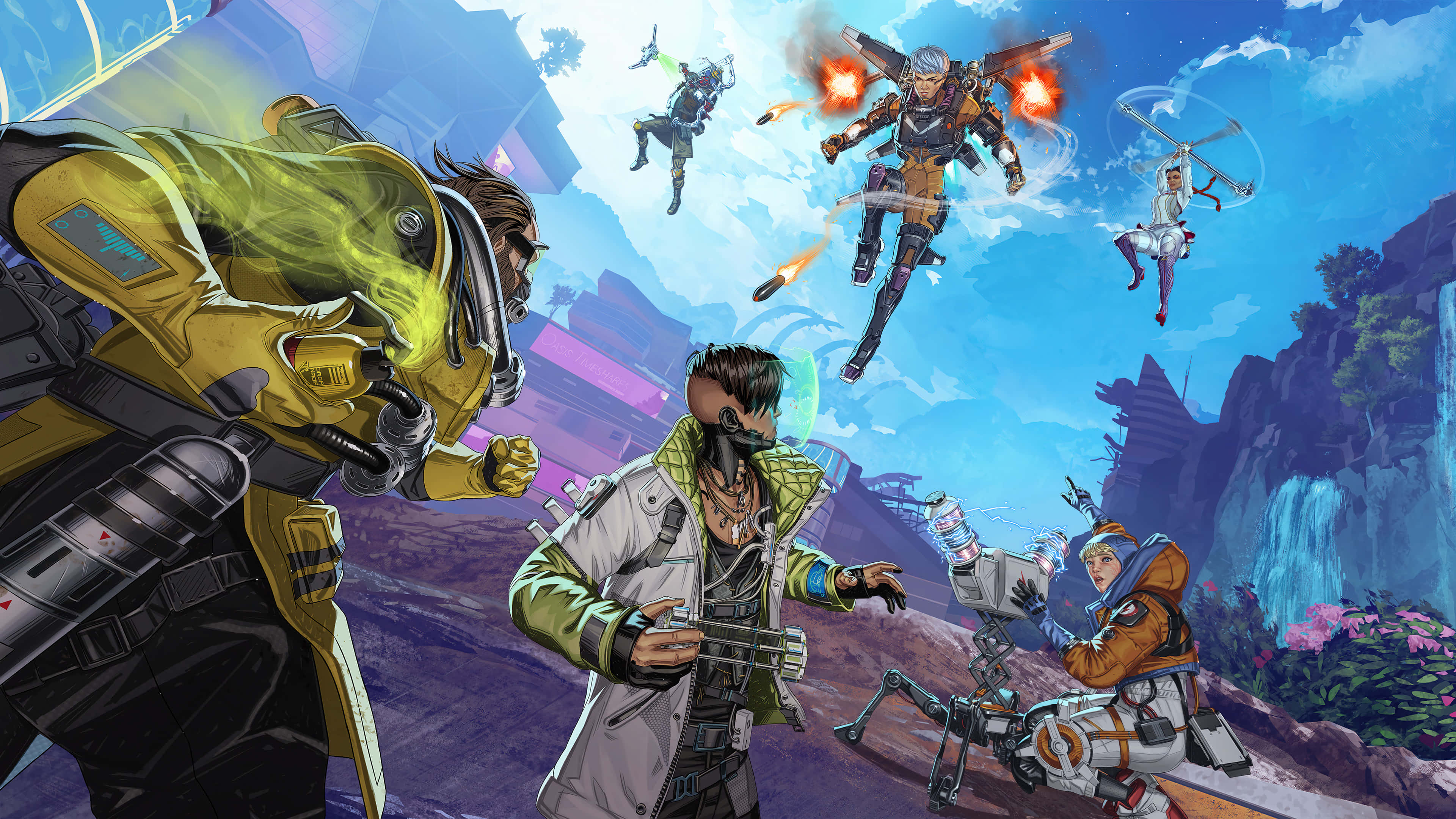 Apex Legends, anime-style game characters, vibrant sci-fi canyon, 4K Desktop Wallpaper