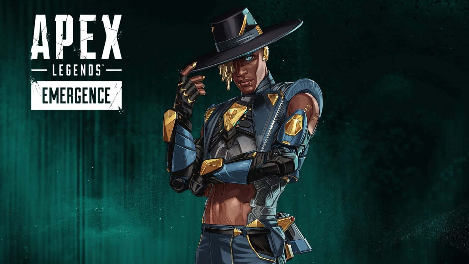 Apex Legends Season 10, blue and gold armor, dark teal background, HD Desktop Wallpaper