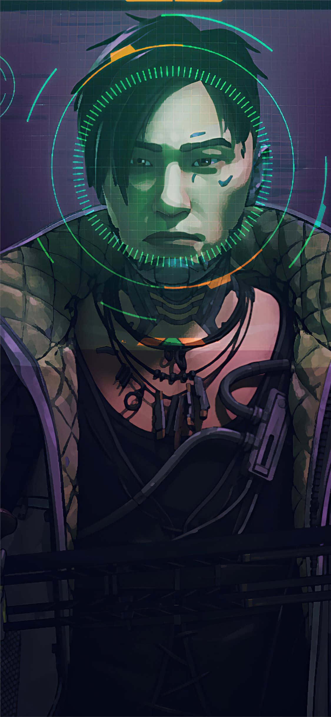 Apex Legends Season 11, cyberpunk character, glowing green HUD circles, Full HD Phone Wallpaper