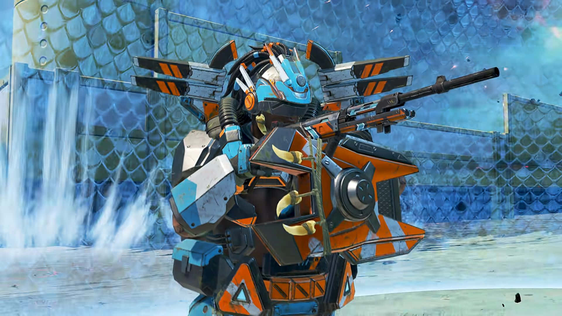Apex Legends Season 11, blue and orange mech, mounted weapons, Full HD Desktop Wallpaper