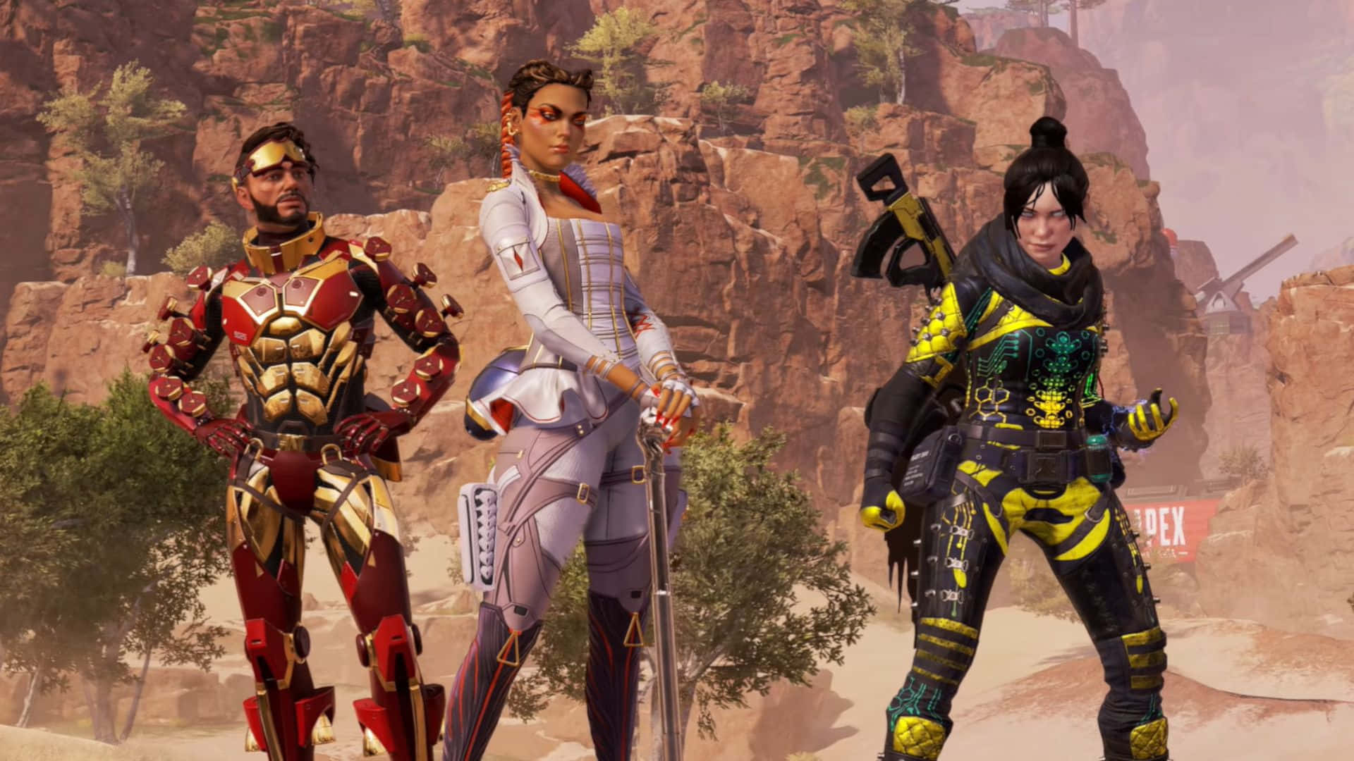 Apex Legends Season 12, armored video game characters, rocky desert canyon, Full HD Desktop Wallpaper