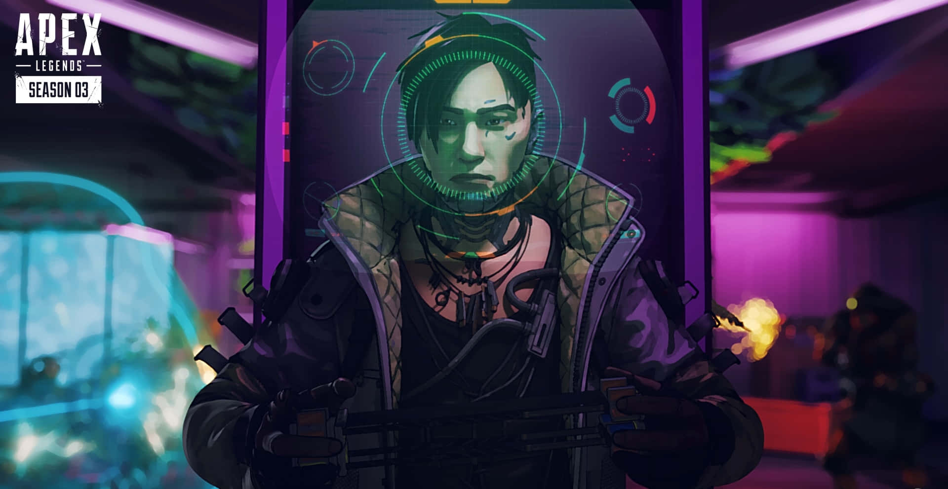Apex Legends Season 12, cyberpunk character, glowing HUD interface, Full HD Desktop Wallpaper