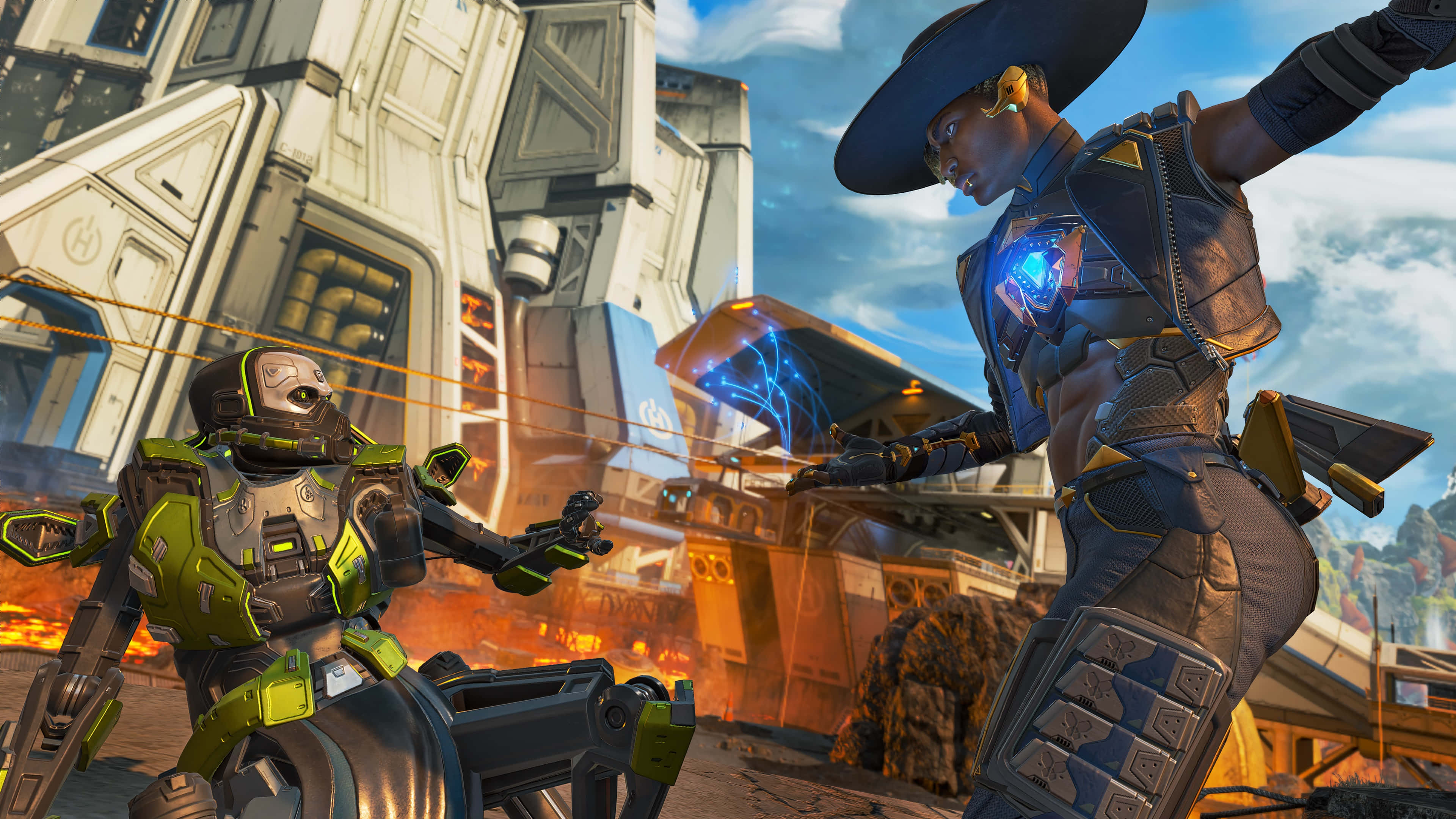 Apex Legends Seer, futuristic warriors, fiery sci-fi battlefield, 4K Desktop Wallpaper