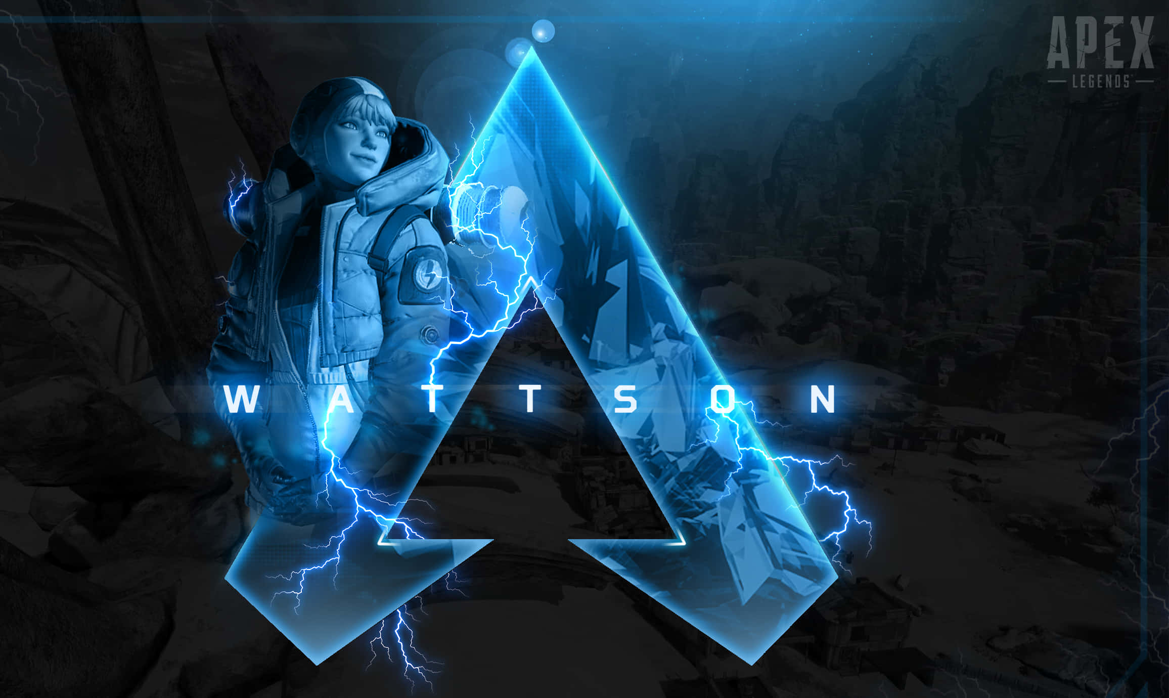 Apex Legends Wattson, Neon Blue, glowing blue lightning-etched 'A' logo, Full HD Desktop Wallpaper