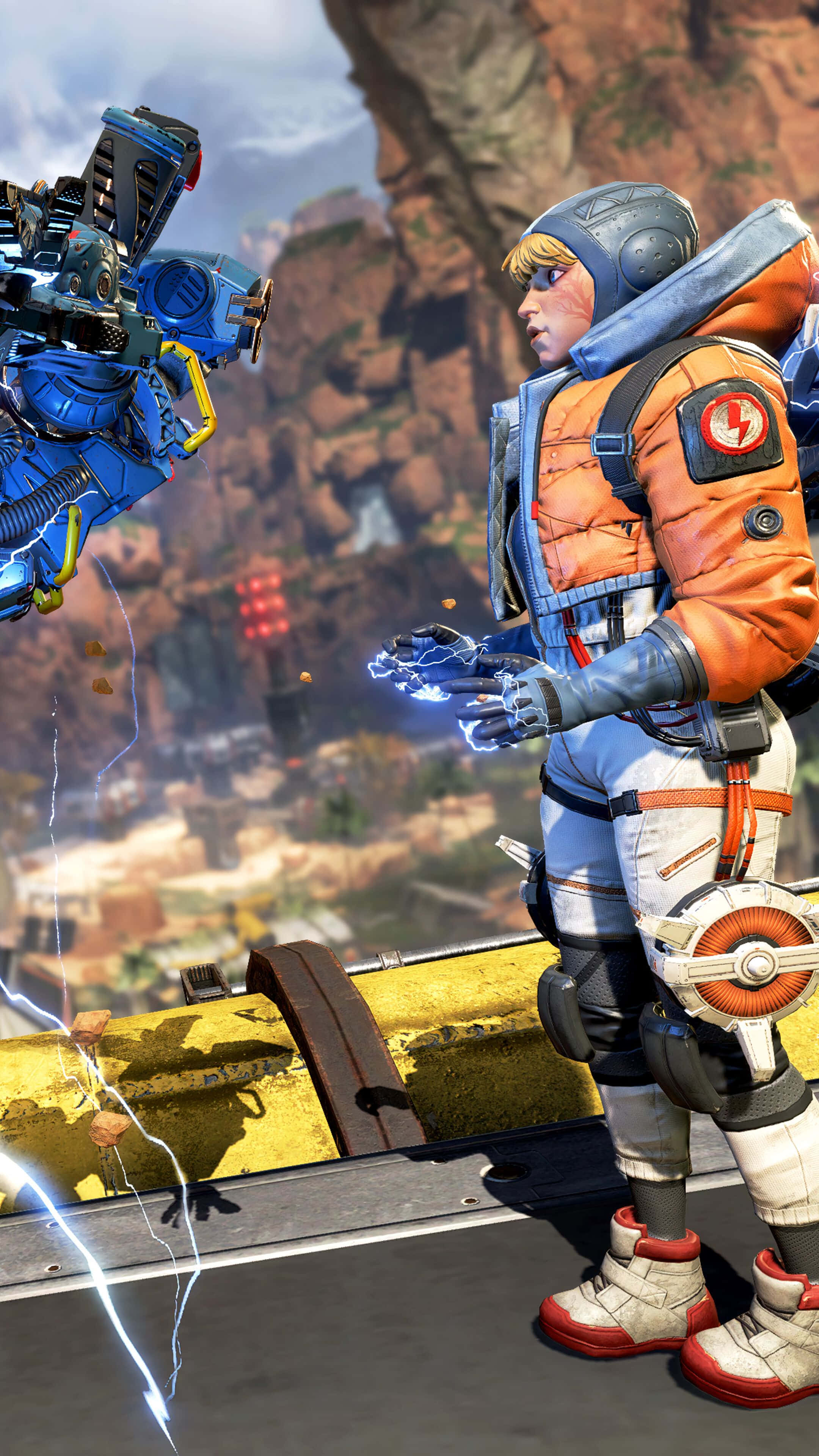 Apex Legends Wattson, orange armor, blue robotic enemy, 4K Phone Wallpaper