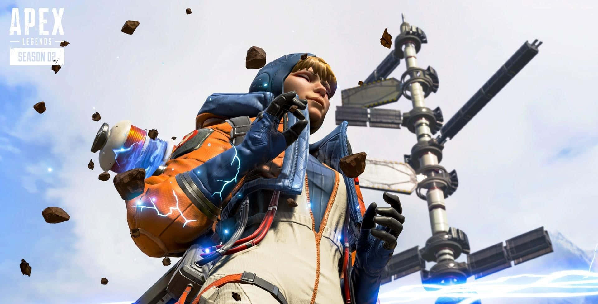 Apex Legends Wattson, orange and blue armored suit, lightning-powered weapon, Full HD Desktop Wallpaper