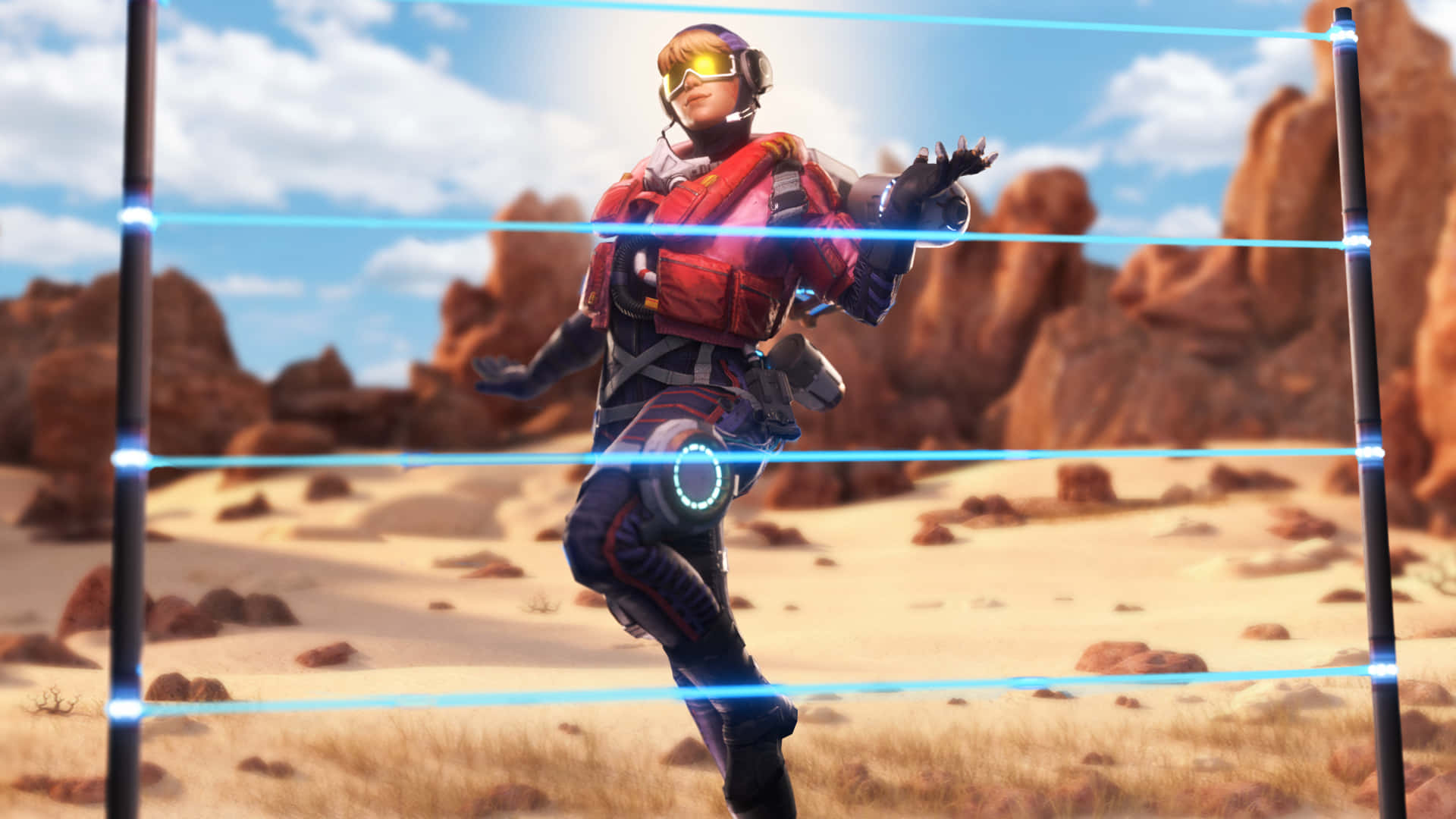 Apex Legends Wattson, red armor, glowing blue laser grids, Full HD Desktop Wallpaper