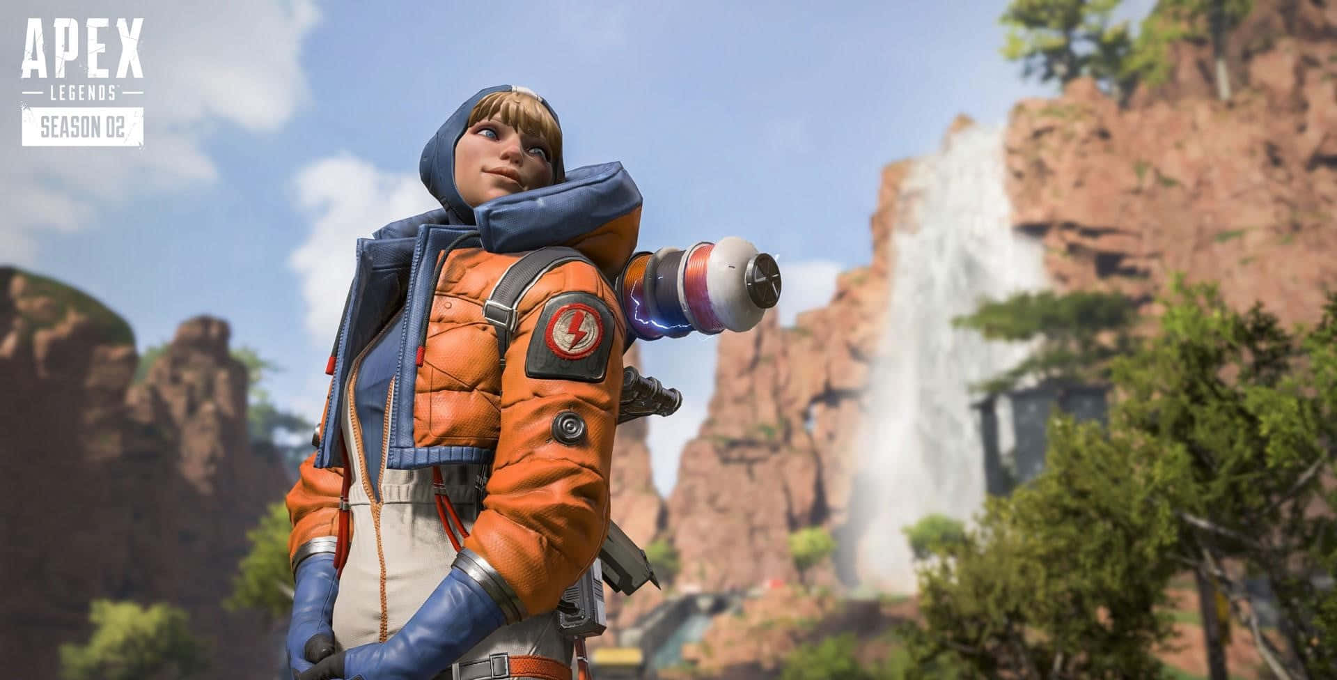 Apex Legends Wattson, waterfall, rocky canyon, Full HD Desktop Wallpaper