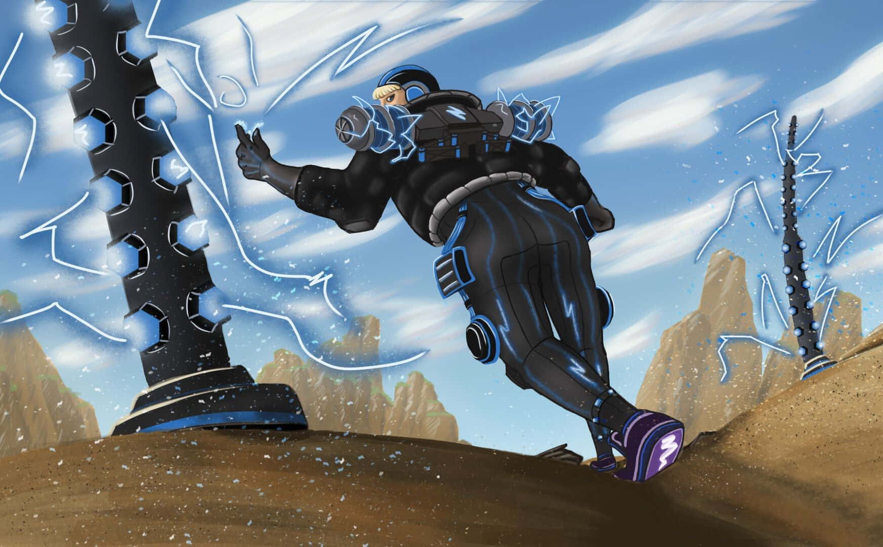 Apex Legends Wattson, glowing blue energy, rocky alien landscape, HD Desktop Wallpaper