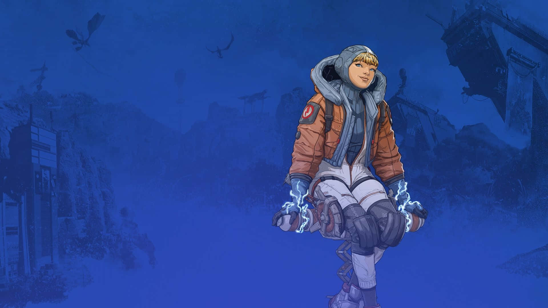 Apex Legends Wattson, blue energy, snowy ruined cityscape, Full HD Desktop Wallpaper