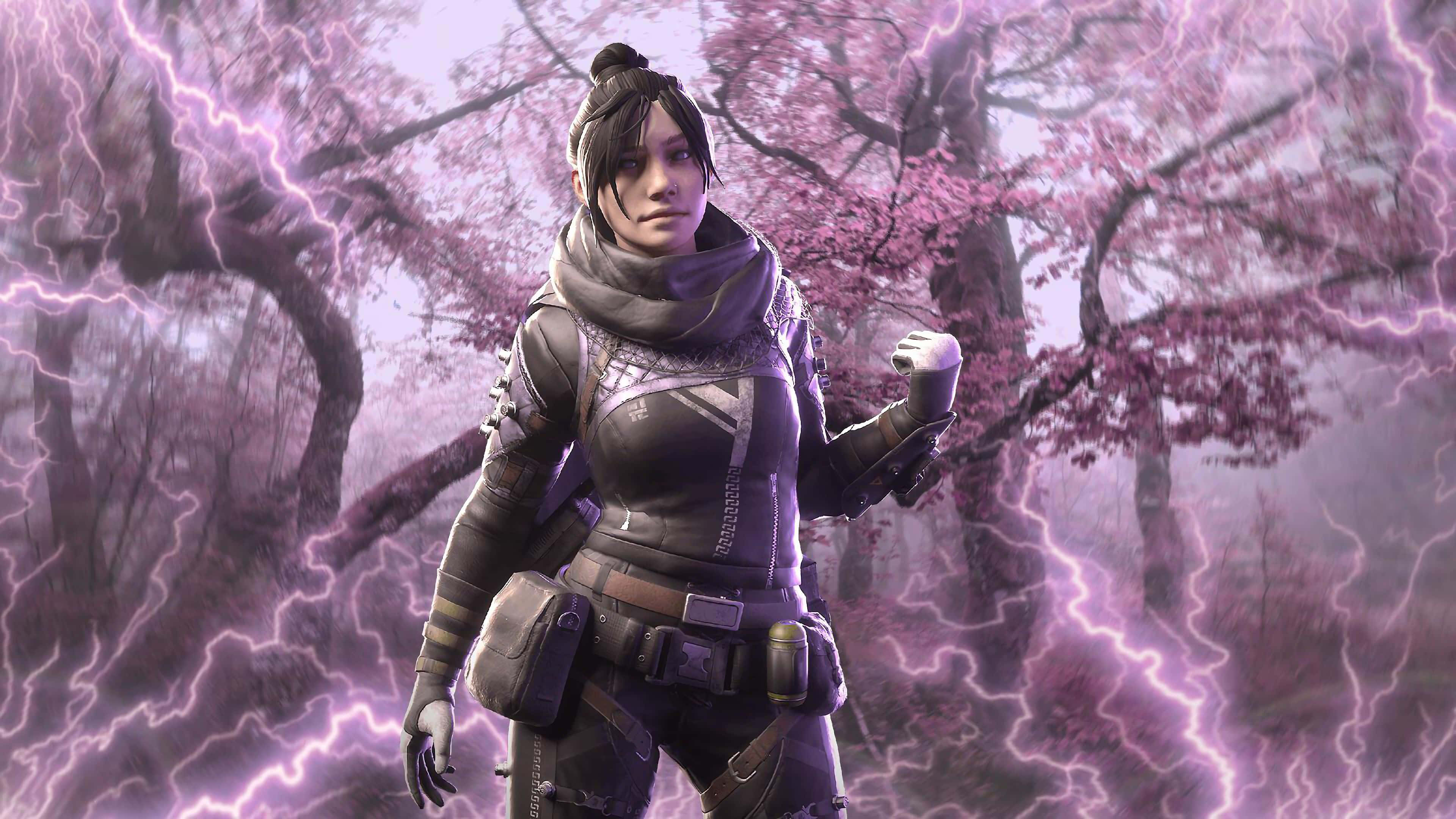 Apex Legends Wraith, cherry blossom trees, purple lightning, 4K Desktop Wallpaper