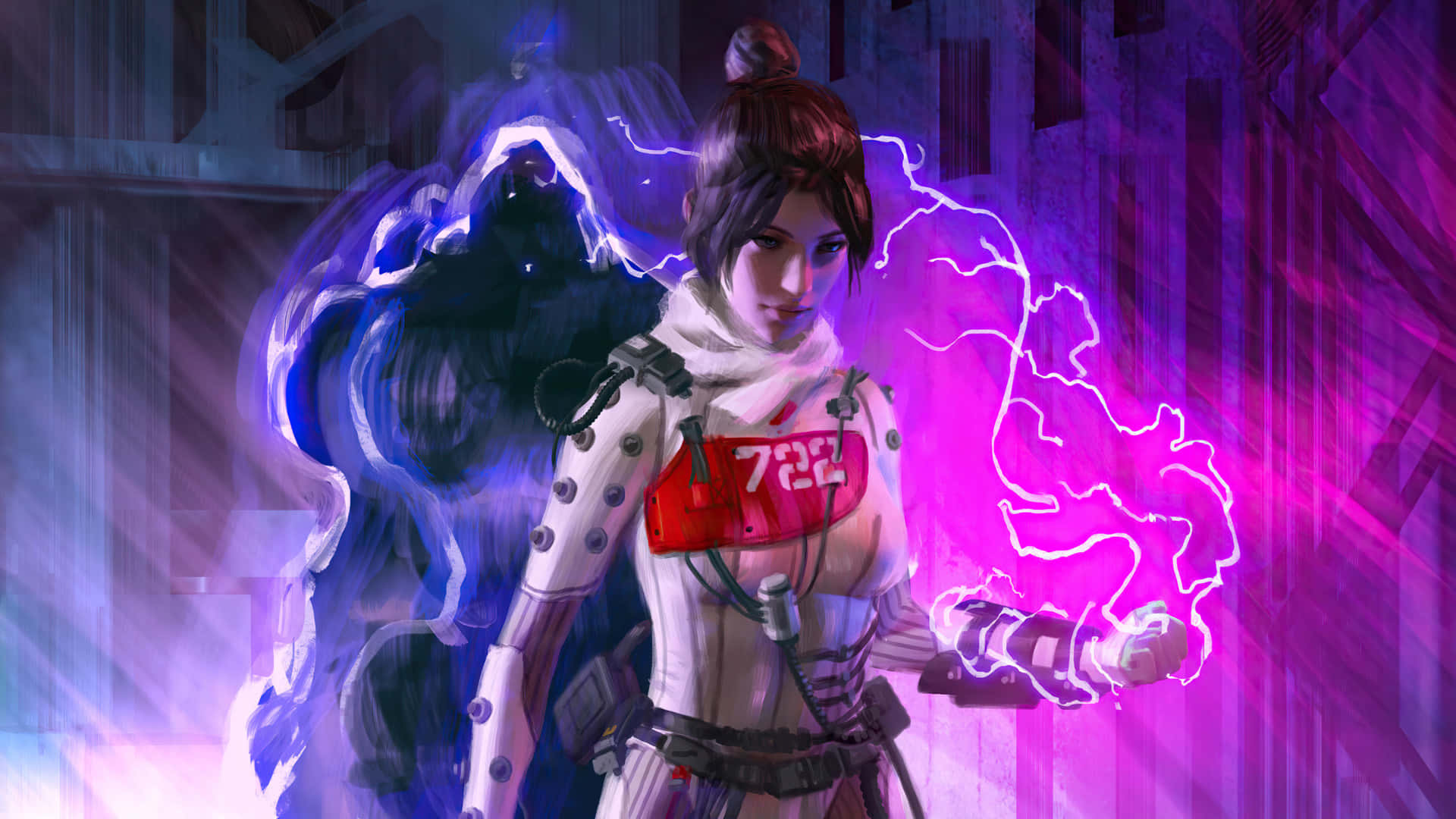 Apex Wraith, futuristic female warrior, neon-lit cyberpunk alleyway, Full HD Desktop Wallpaper