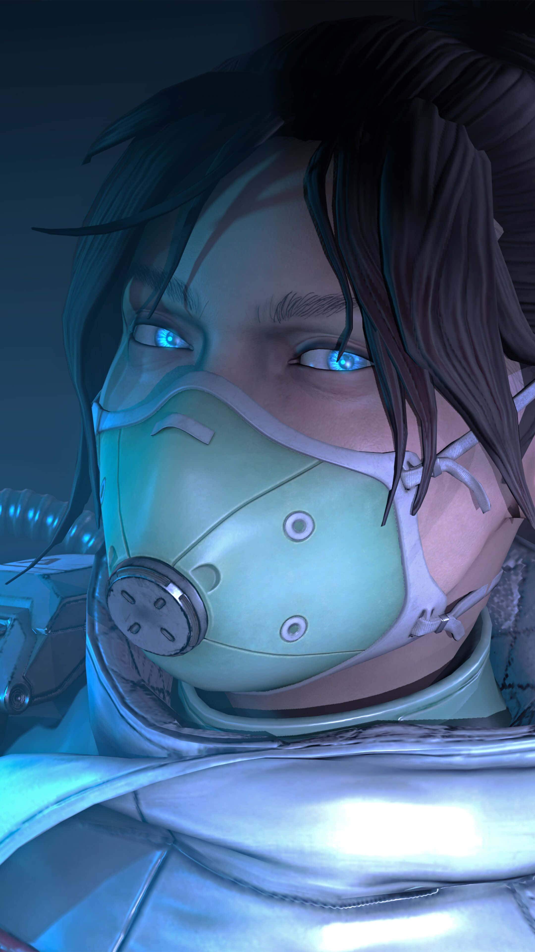 Apex Wraith, glowing blue eyes, masked character, 4K Phone Wallpaper