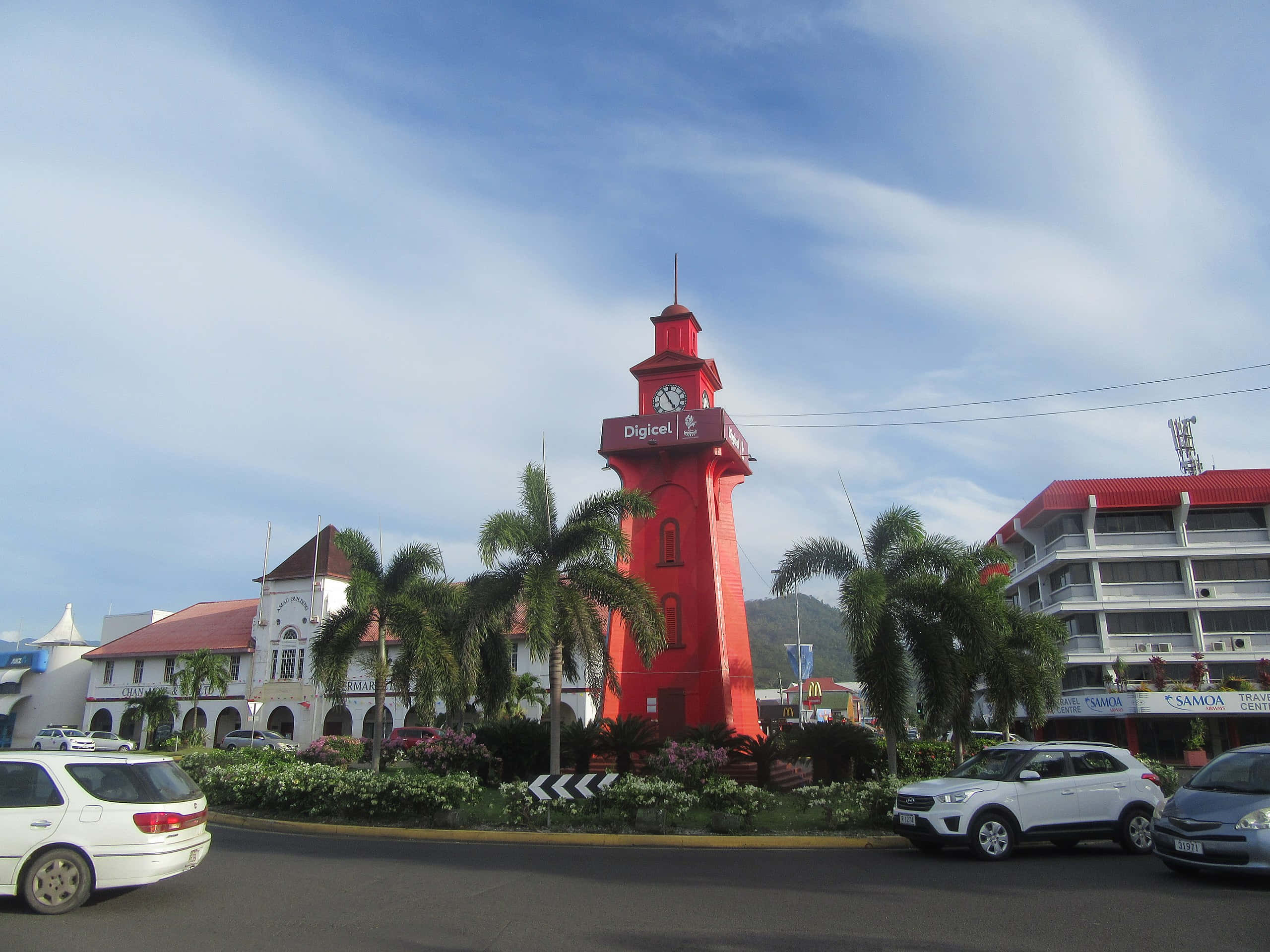 Apia, town clock tower, palm trees, 2K Desktop Wallpaper