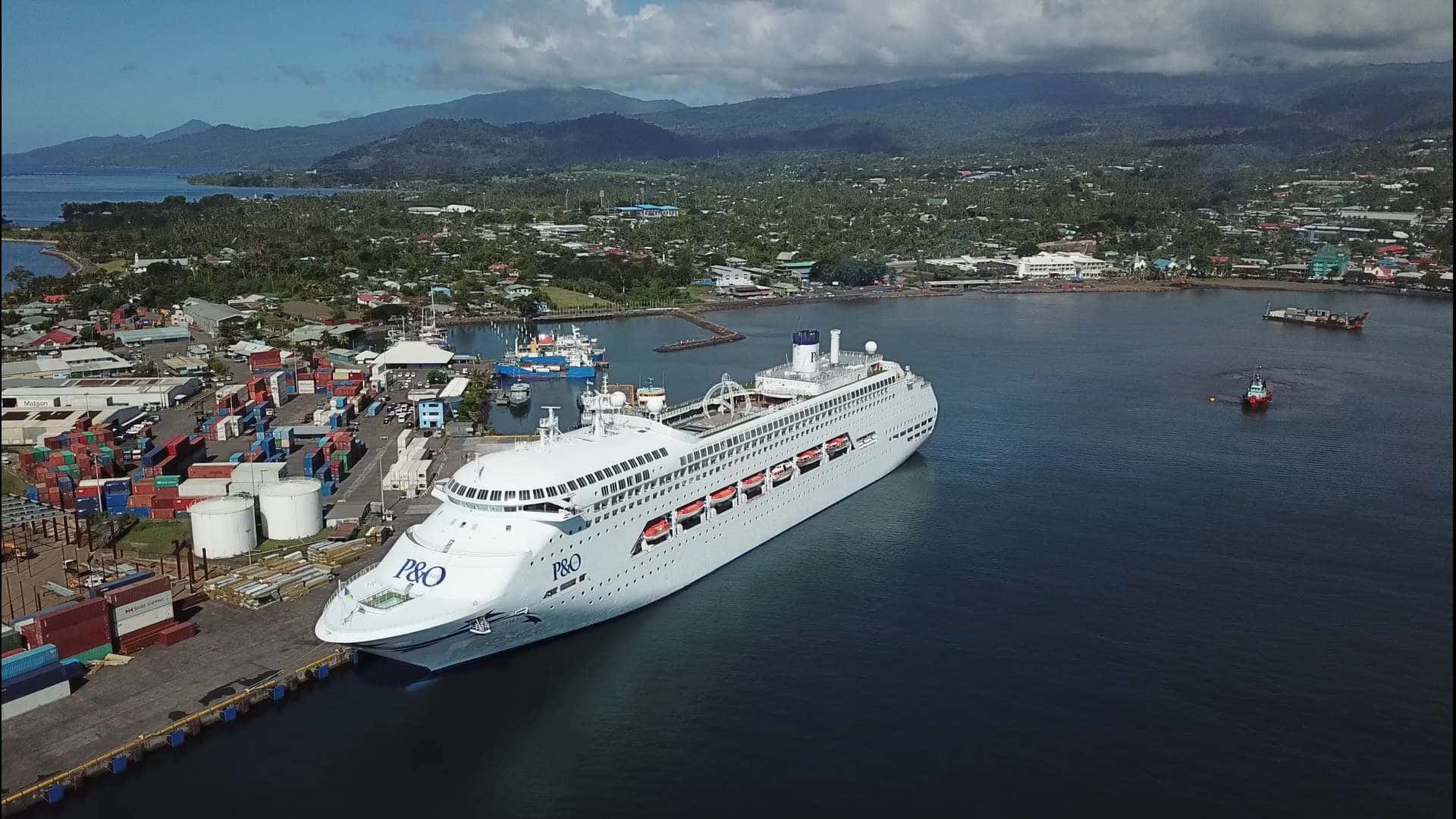 Apia, white cruise ship, sundown, Full HD Desktop Wallpaper