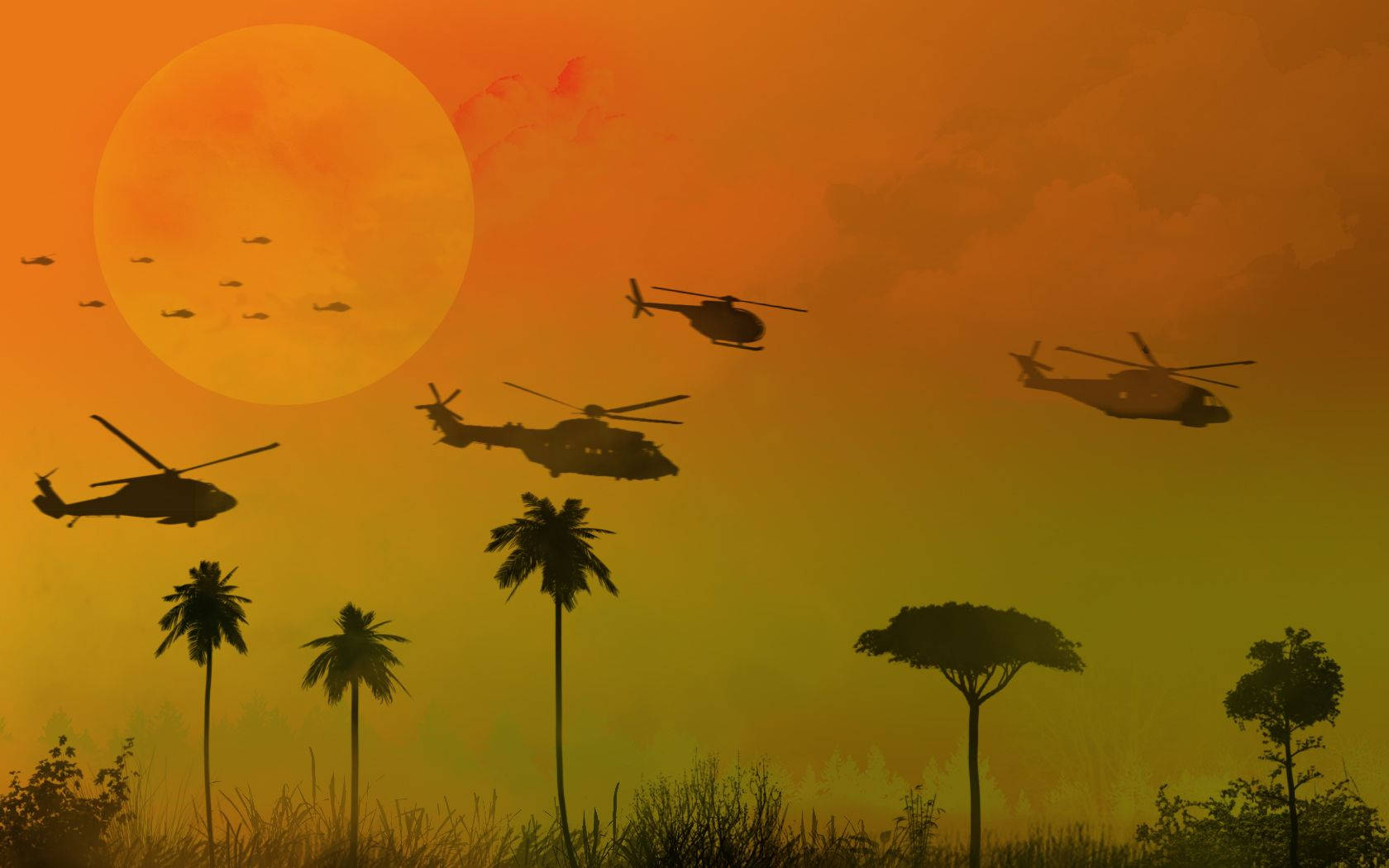 Apocalypse Now, helicopters, fiery orange sunset, HD Desktop Wallpaper