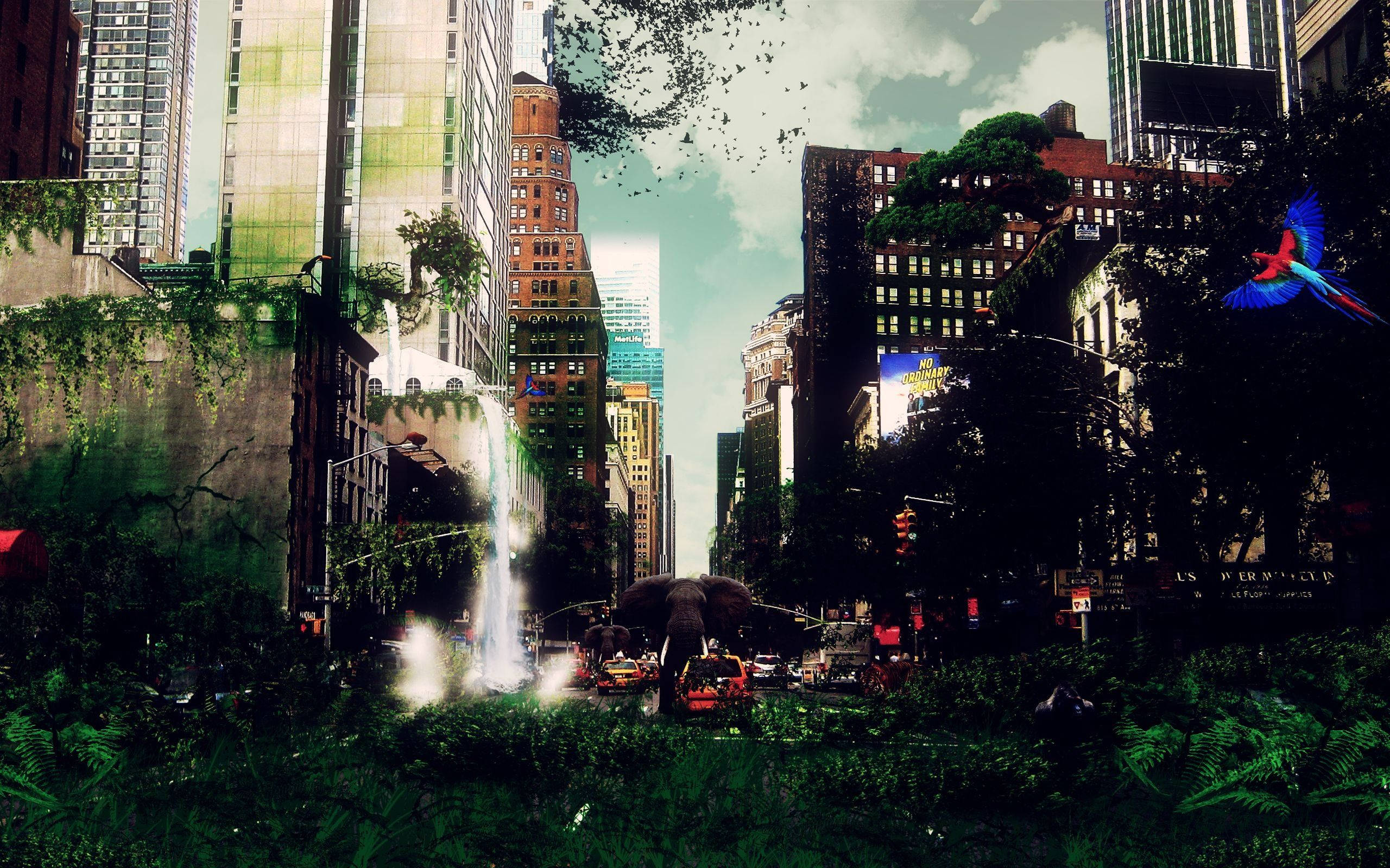 Modern Art Apocalypse, surreal cityscape, skyscrapers, 2K Desktop Wallpaper