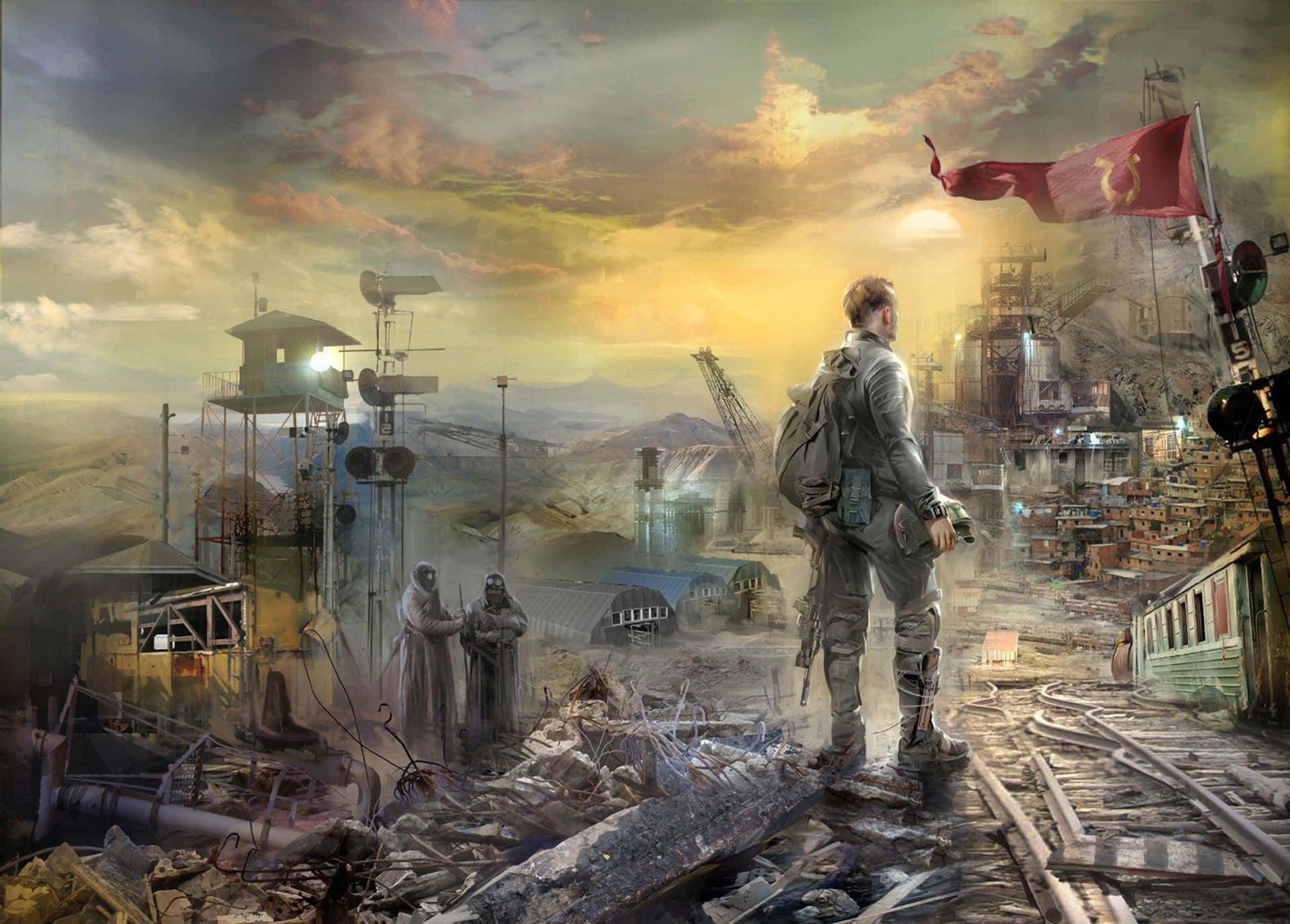 Post Apocalyptic World, lone soldier, broken train tracks, Full HD Desktop Wallpaper
