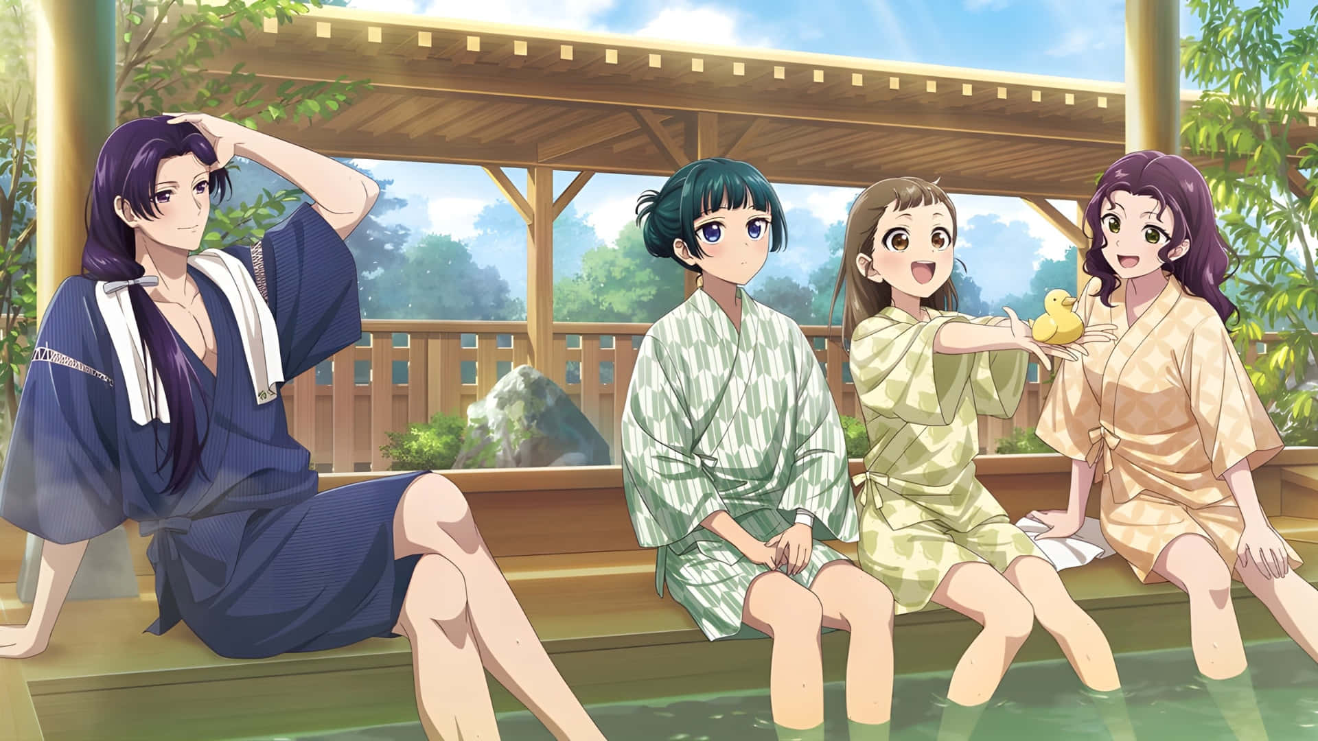 Apothecary Diaries, yukatas, wooden outdoor hot spring, Full HD Desktop Wallpaper