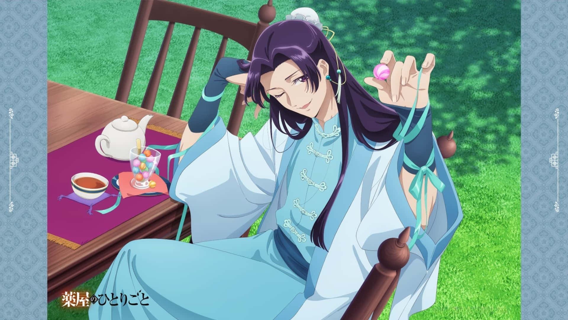 Apothecary Diaries, light blue traditional robes, wooden chair, Full HD Desktop Wallpaper
