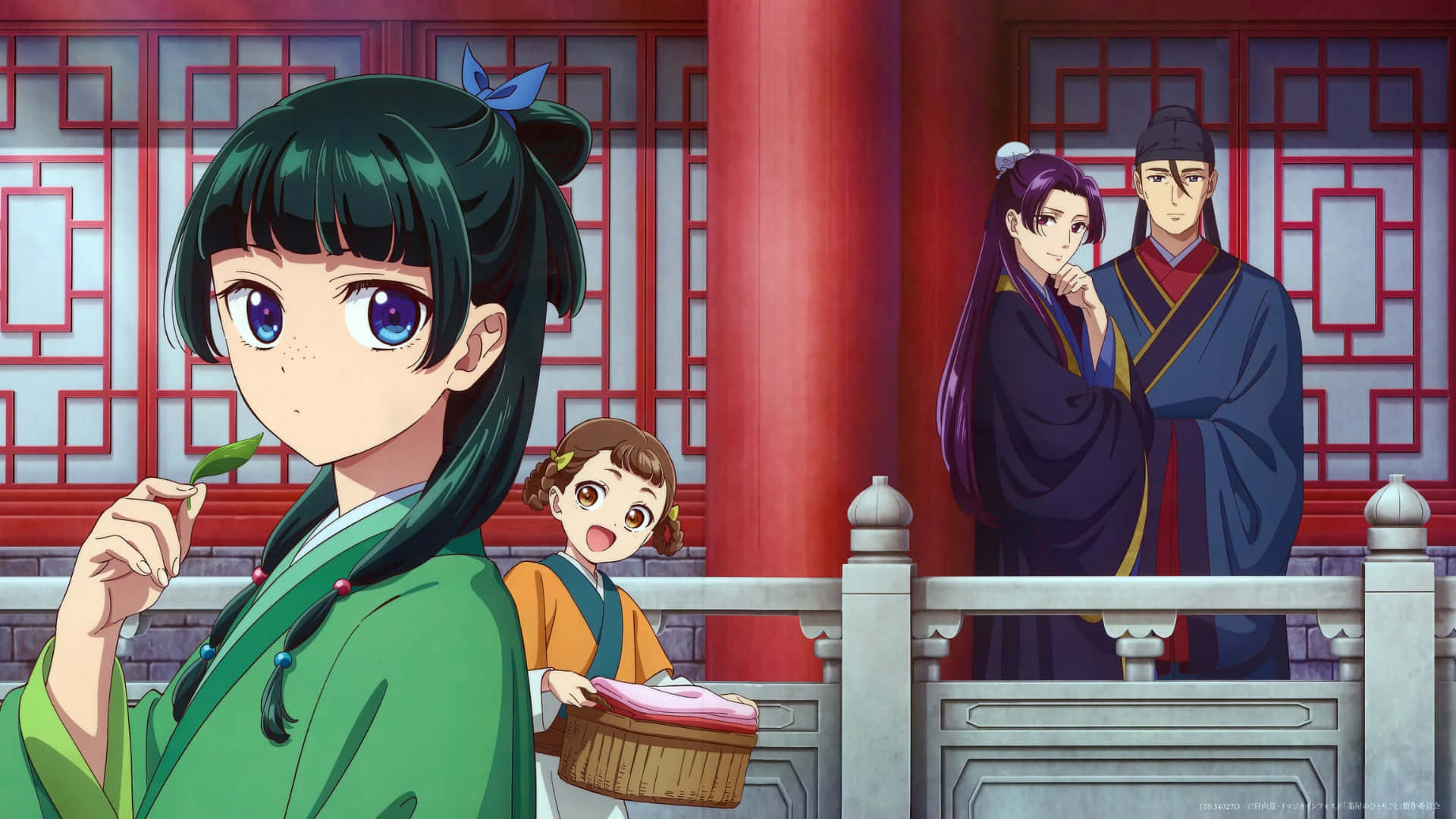 Apothecary Diaries, green traditional robes, child with a basket, Full HD Desktop Wallpaper
