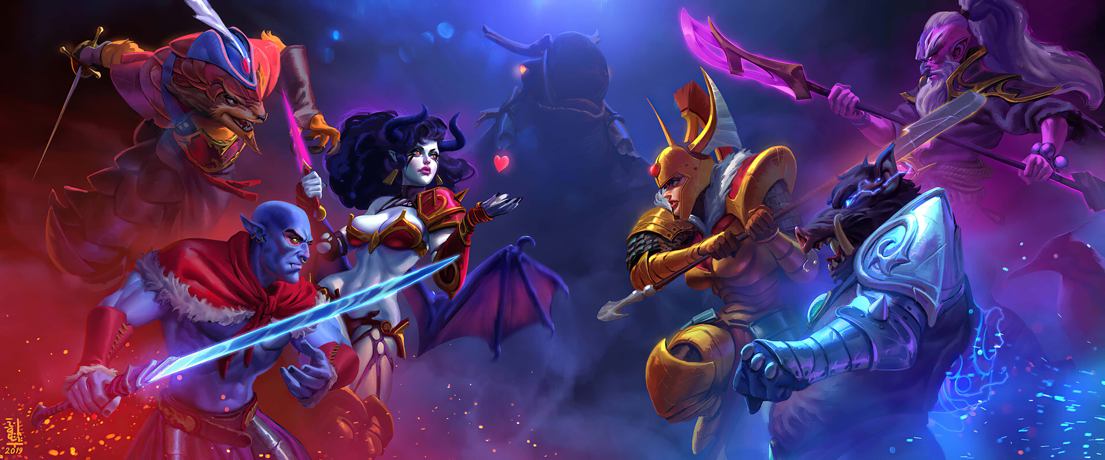 Apple 3840x1600, vibrant battle scene, glowing weapons, 4K Desktop Wallpaper