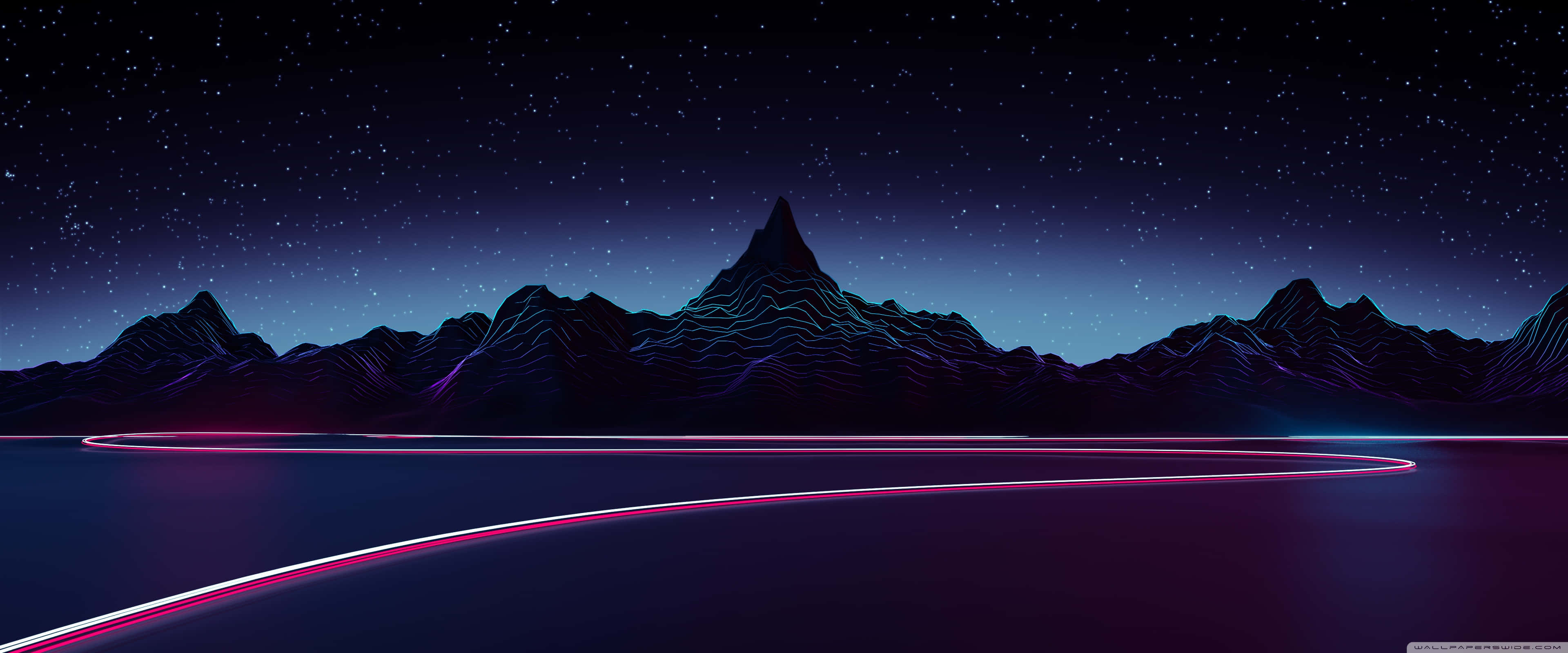 Apple 3840x1600, neon-lit mountain range, starry night sky, 4K Desktop Wallpaper