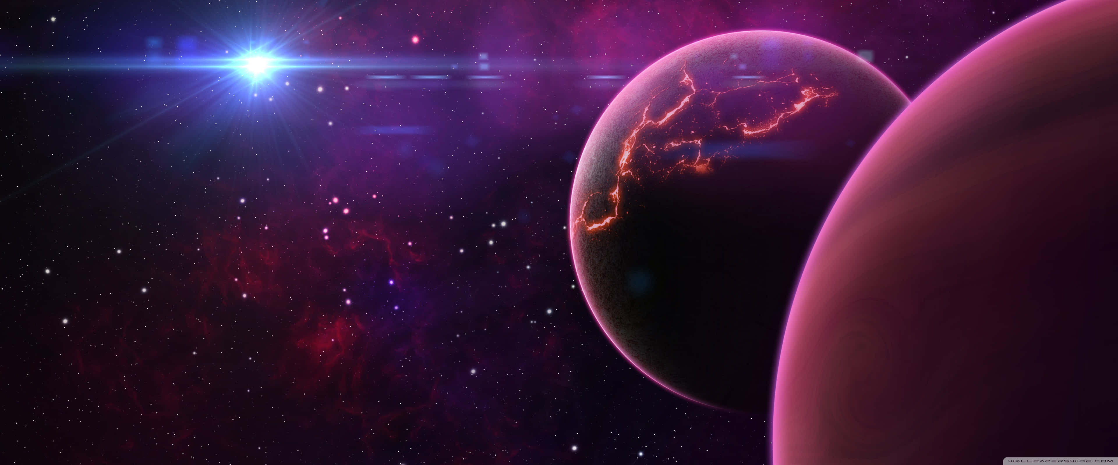 3840x1600, purple nebulae, two planets, 4K Desktop Wallpaper