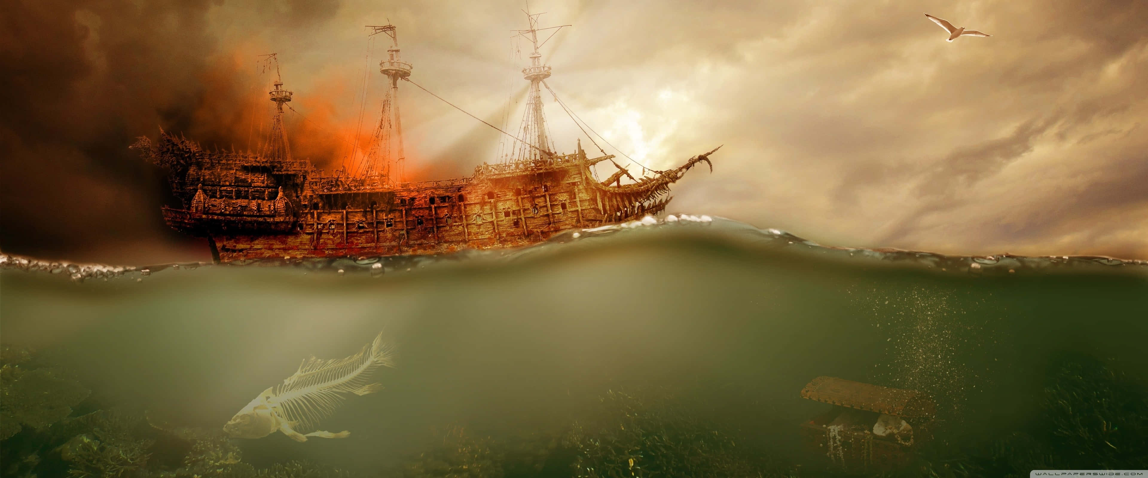 Apple 3840x1600, sunken pirate ship, fish skeleton, 4K Desktop Wallpaper