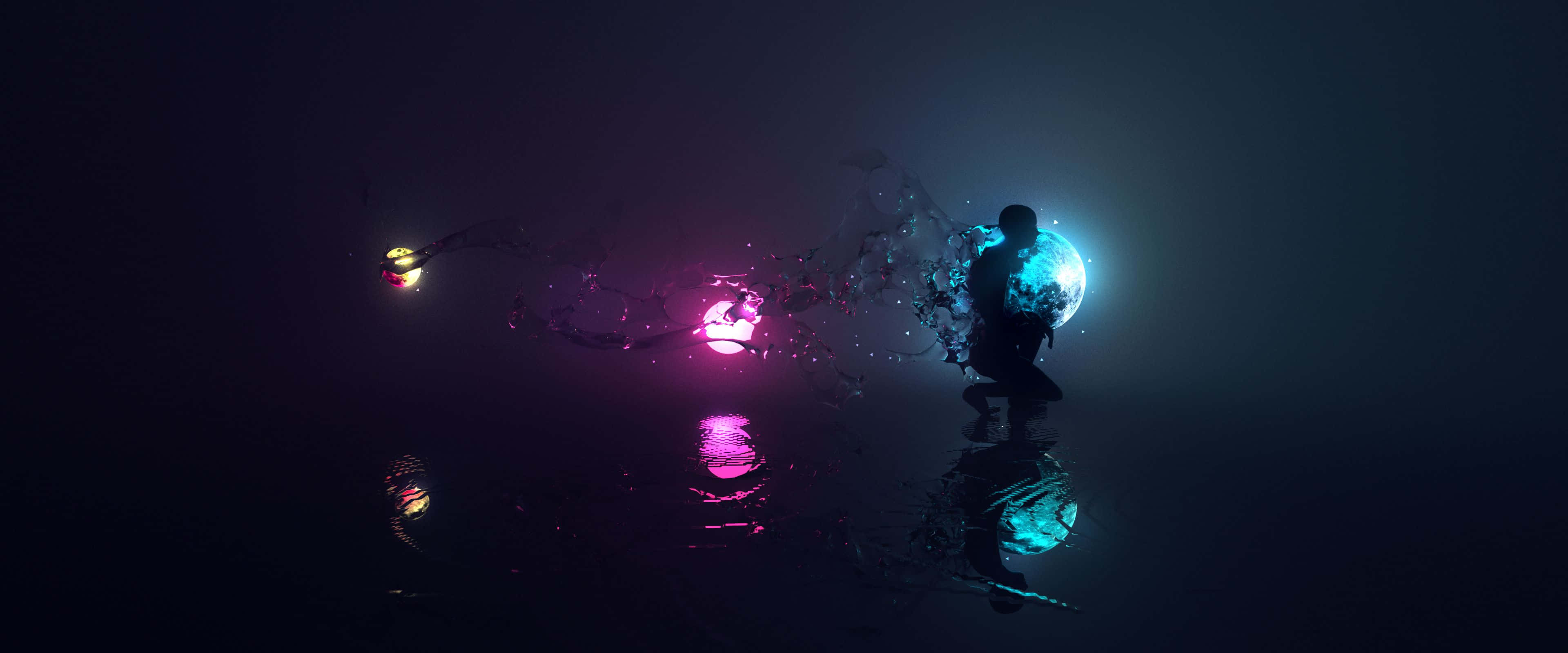 Apple 3840x1600, neon lights, silhouetted figure, 4K Desktop Wallpaper