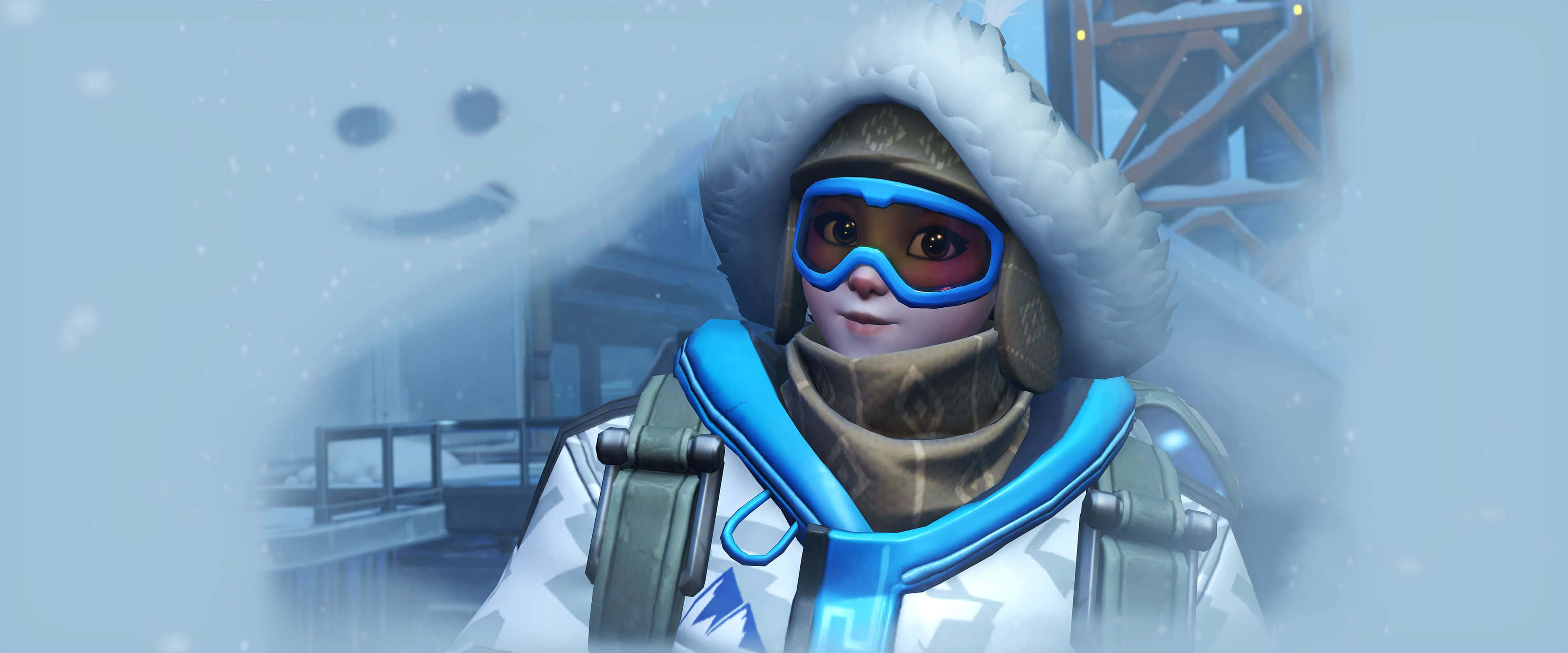 Apple 3840x1600, snow-covered character, blue goggles, 4K Desktop Wallpaper