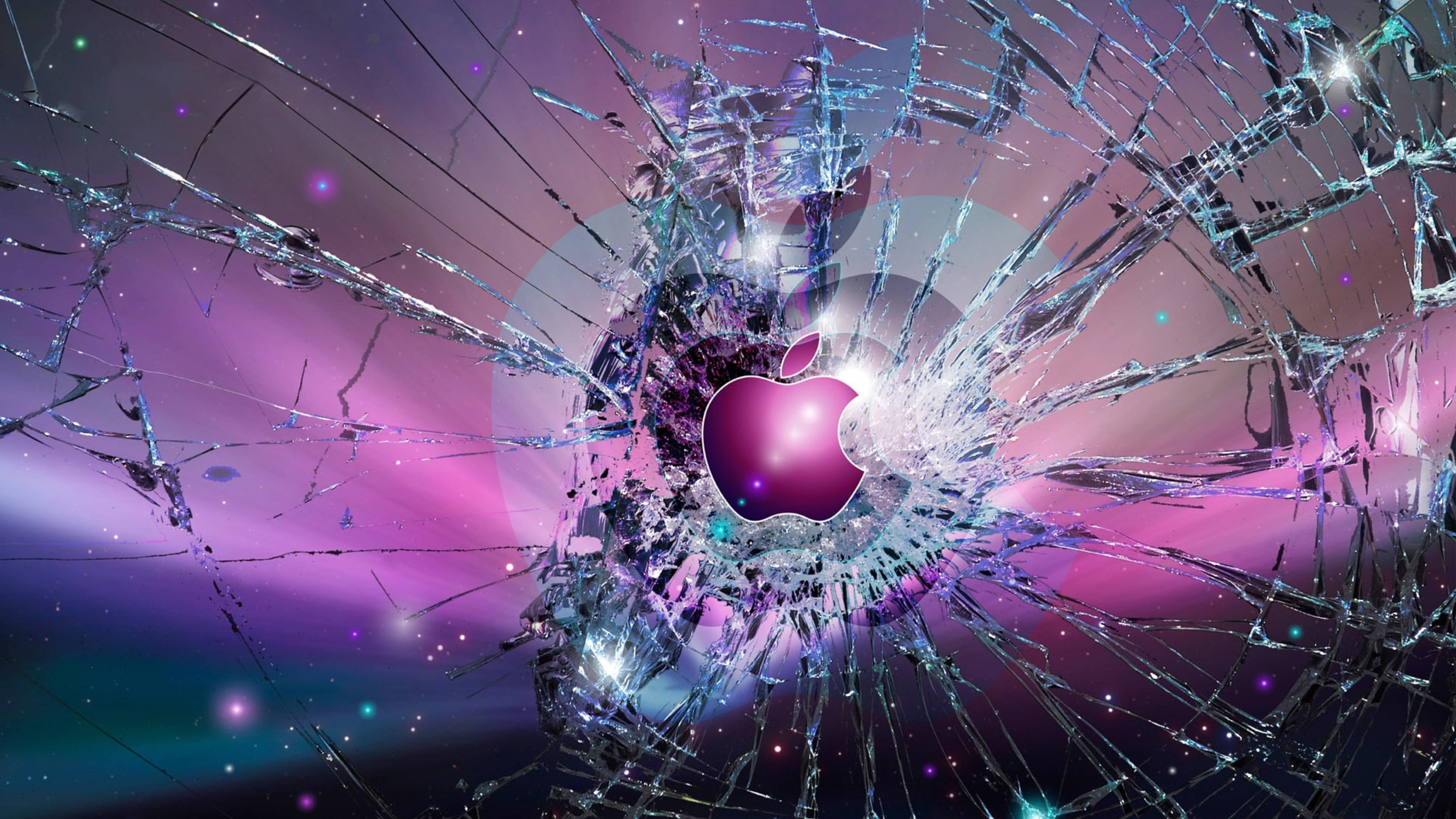 Apple 4K Ultra HD, broken glass, glowing Apple logo, 4K Desktop Wallpaper