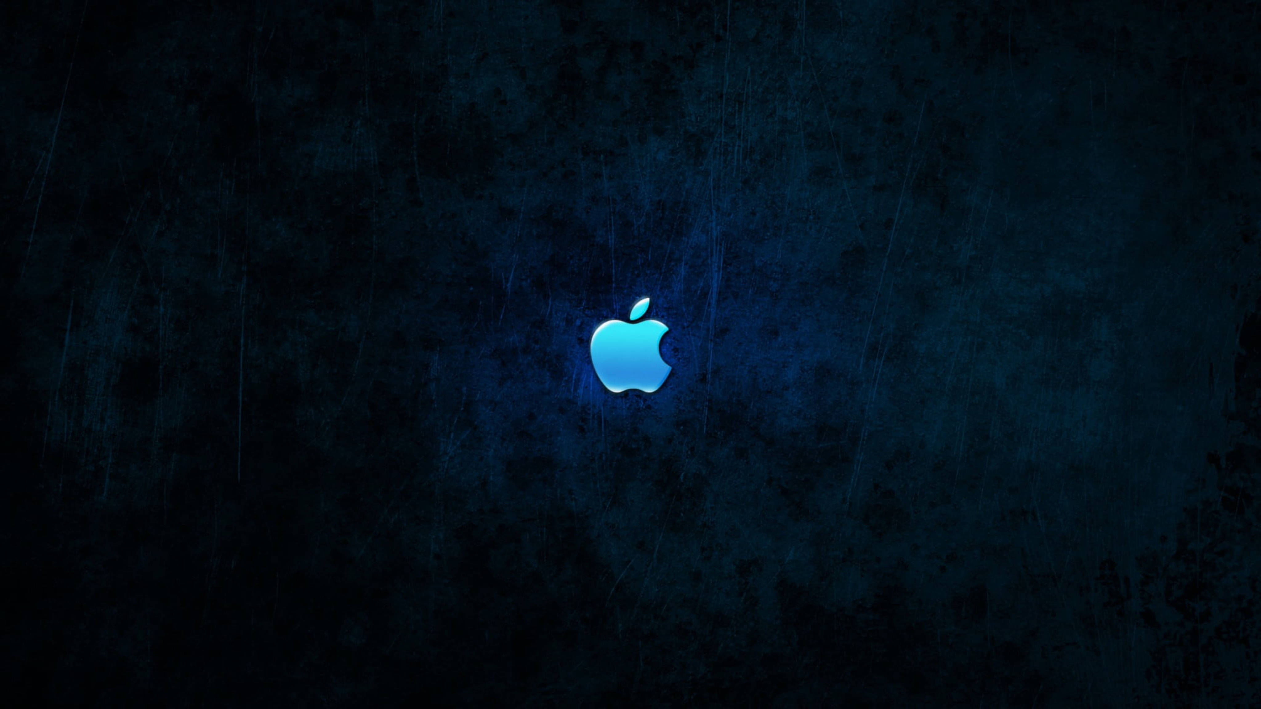 blue Apple logo, dark textured background, subtle scratches, 4K Desktop Wallpaper