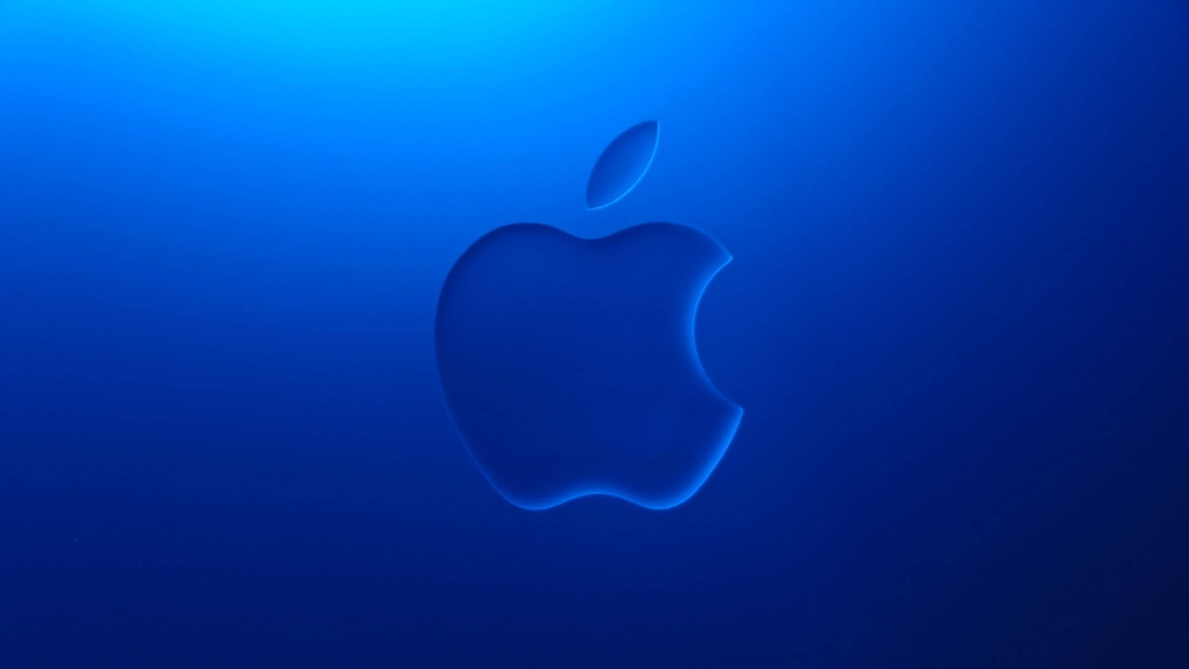 Apple 4K Ultra HD, embossed blue, glowing apple logo, 4K Desktop Wallpaper