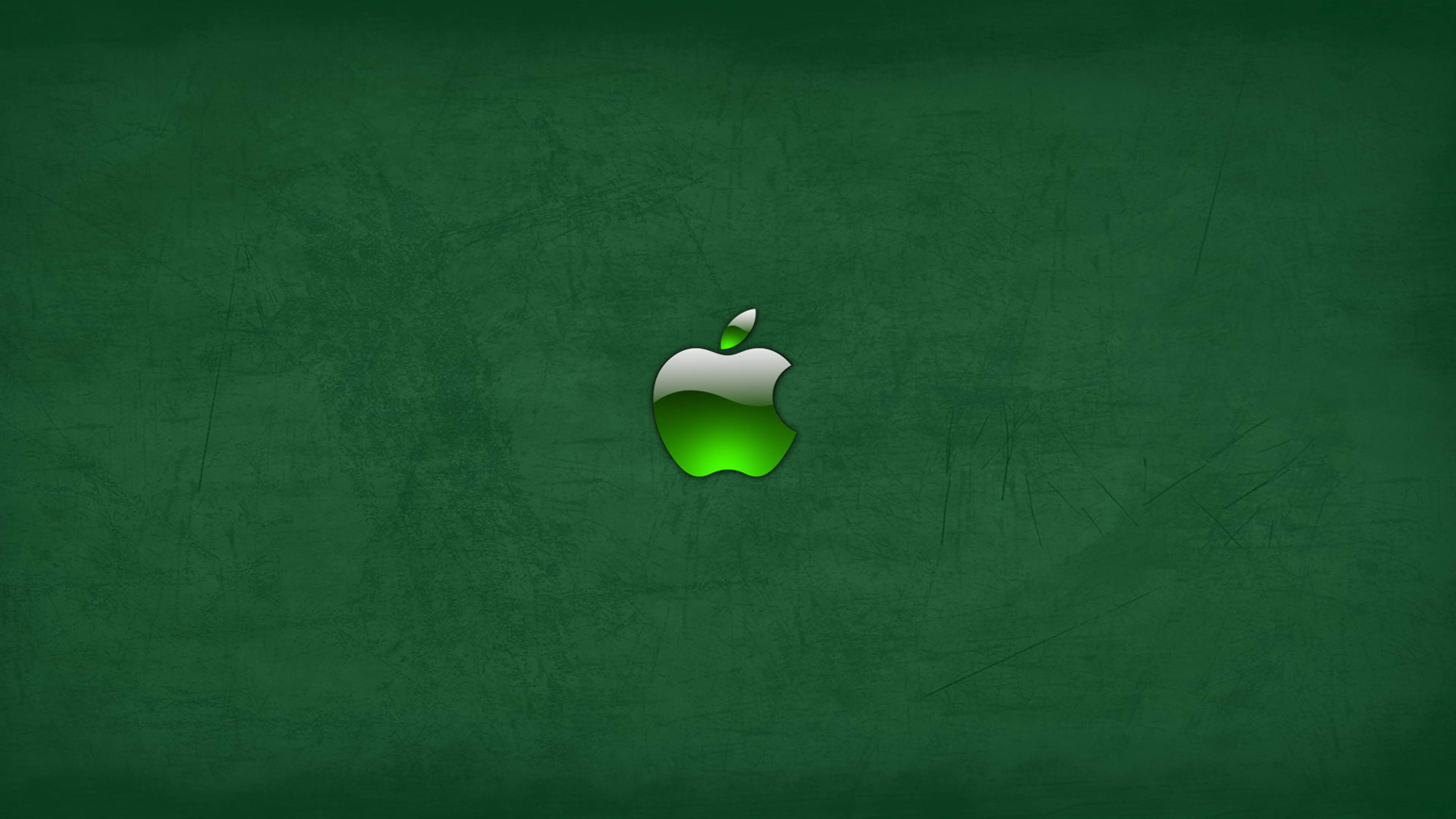 Apple 4K Ultra HD, green apple logo, textured dark green chalkboard background, 4K Desktop Wallpaper