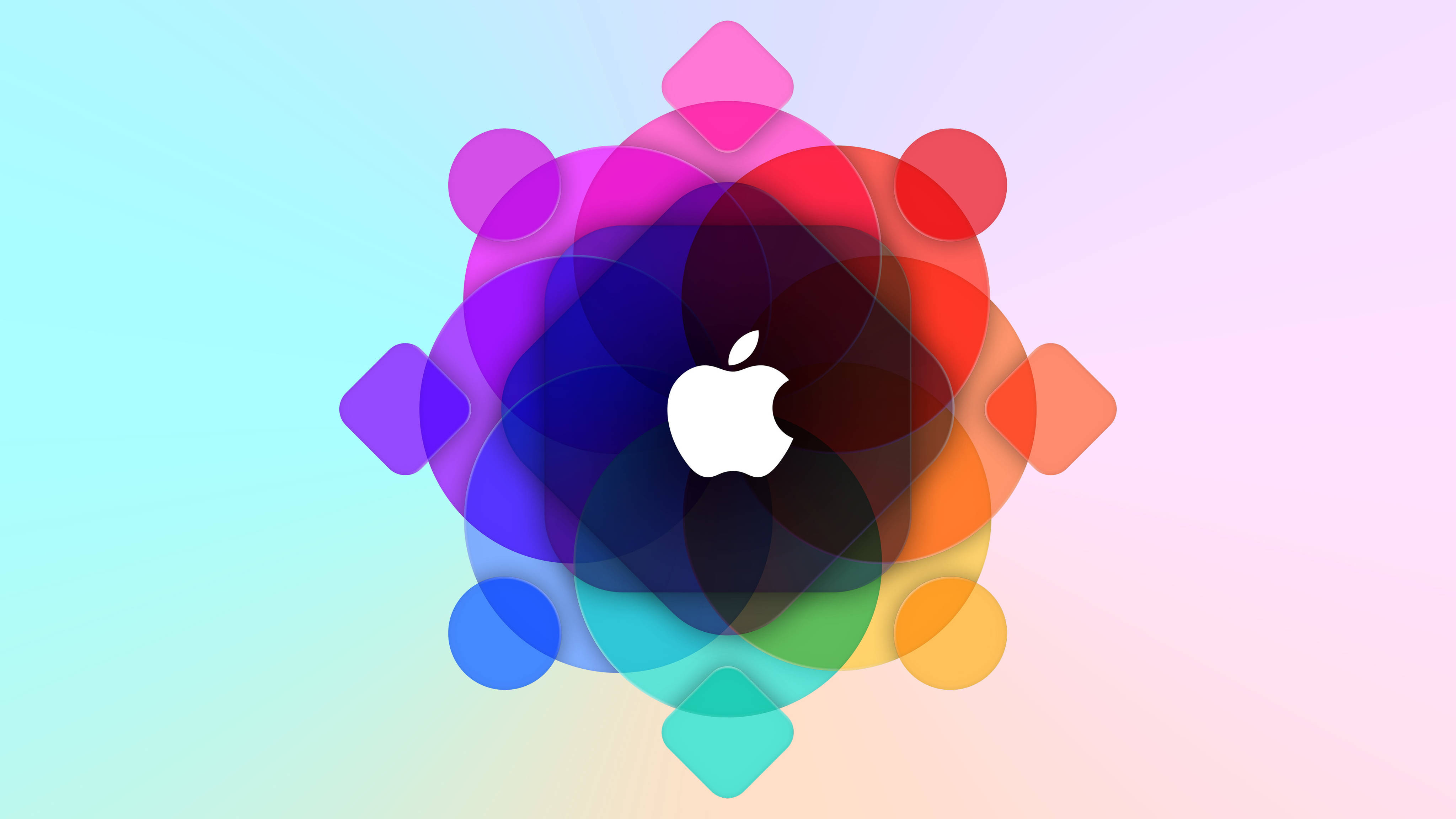 Apple 4K Ultra HD, white Apple logo, vibrant overlapping circle and diamond shape color wheel, 4K Desktop Wallpaper