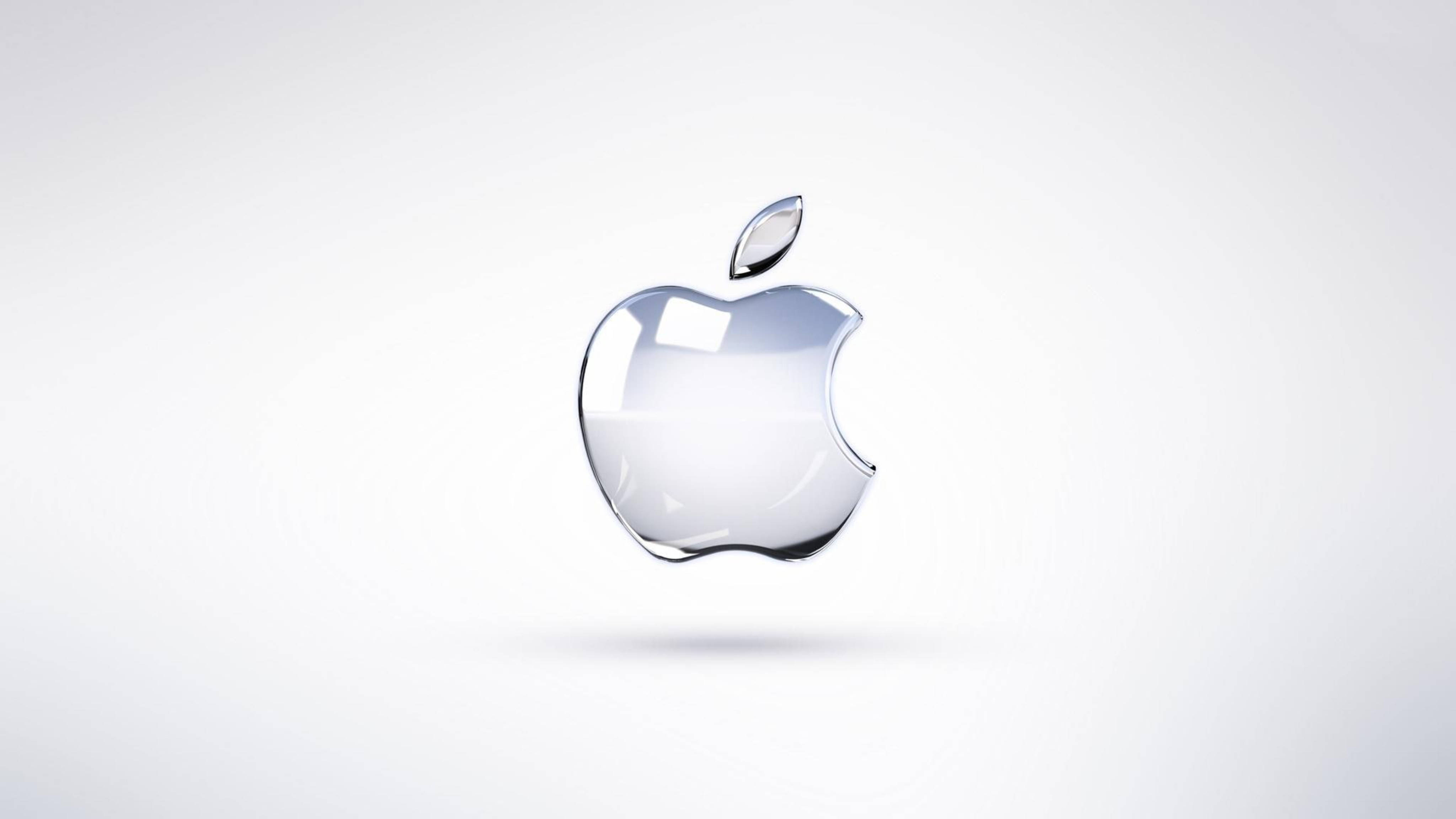 Apple 4K Ultra HD, glass-like Apple logo, minimalist white background, 4K Desktop Wallpaper
