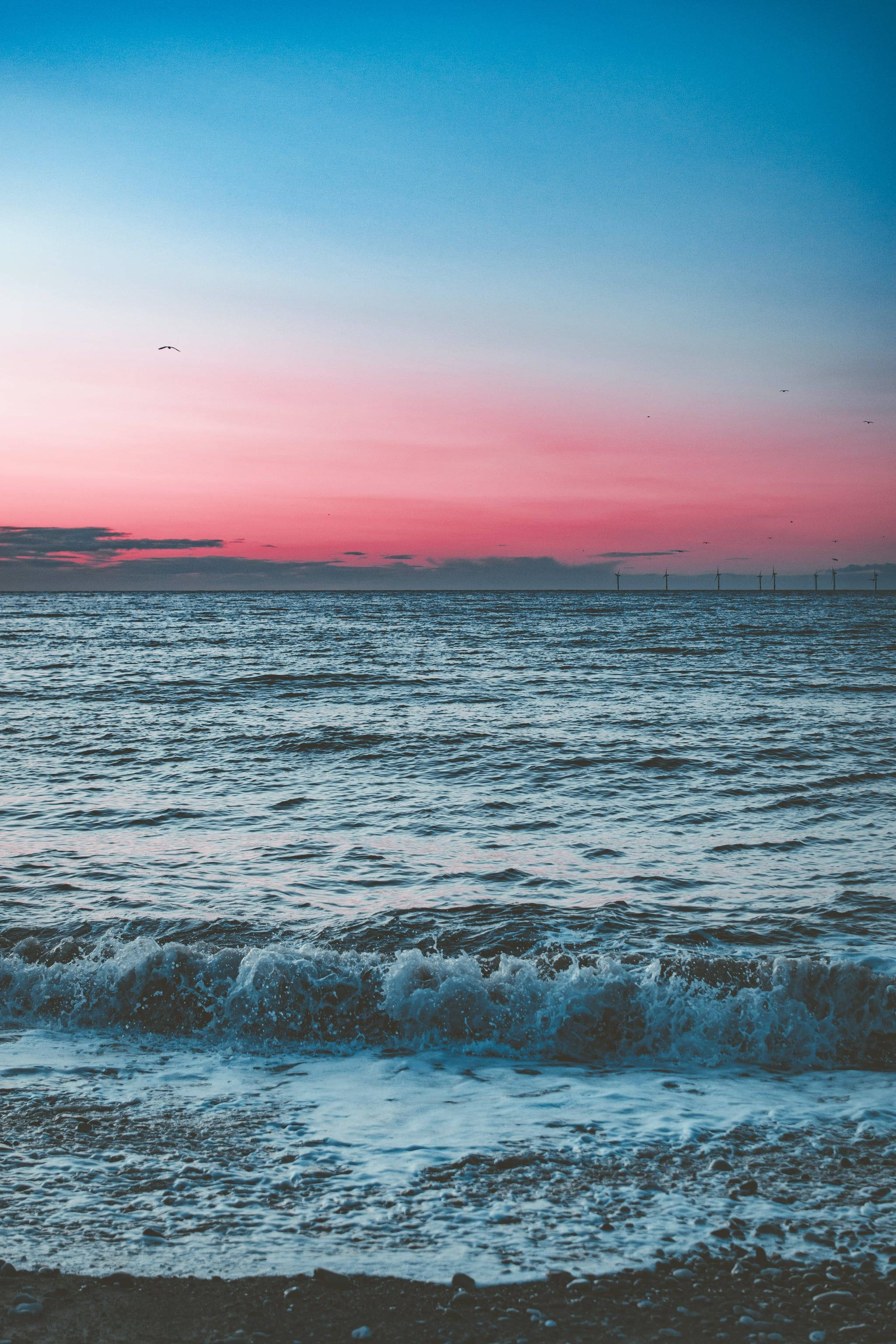 iOS 14, sunset, ocean, 2K Phone Wallpaper