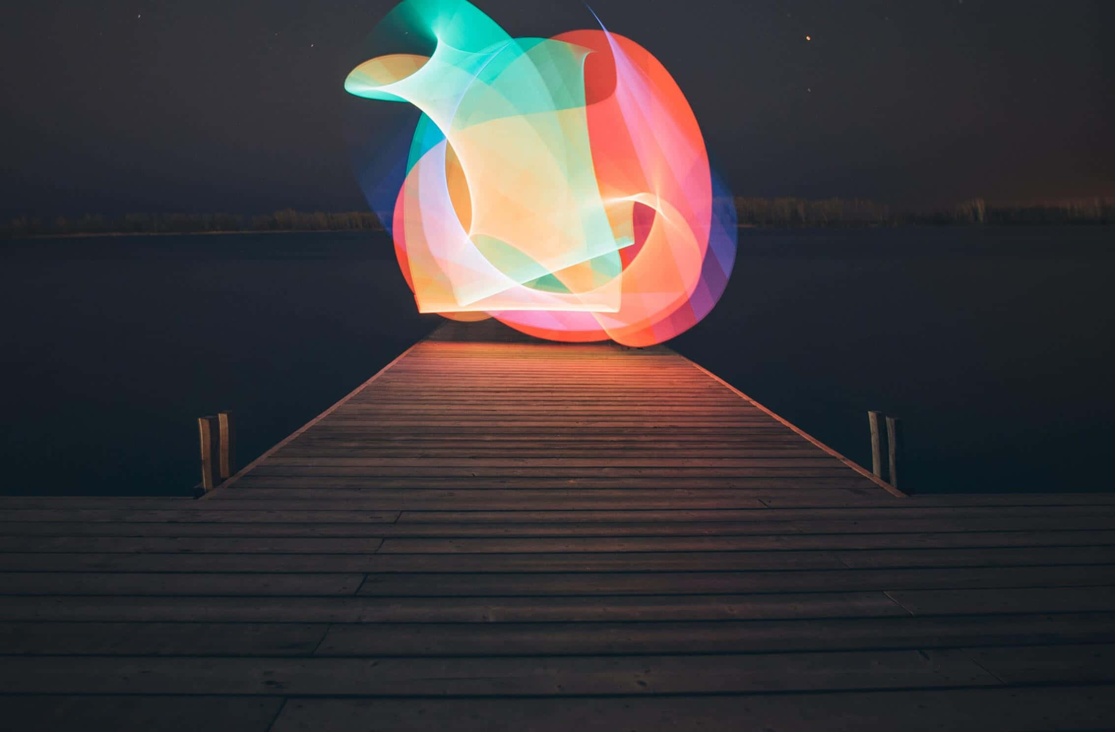 Apple Beach, abstract light sculpture, wooden dock, Full HD Desktop Wallpaper