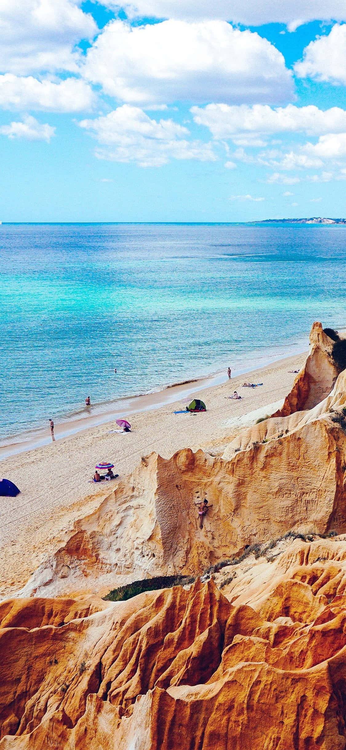 iPhone, turquoise sea, golden sandy beach, Full HD Phone Wallpaper