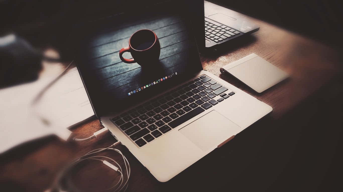 laptop, Apple, wooden desk, HD Desktop Wallpaper