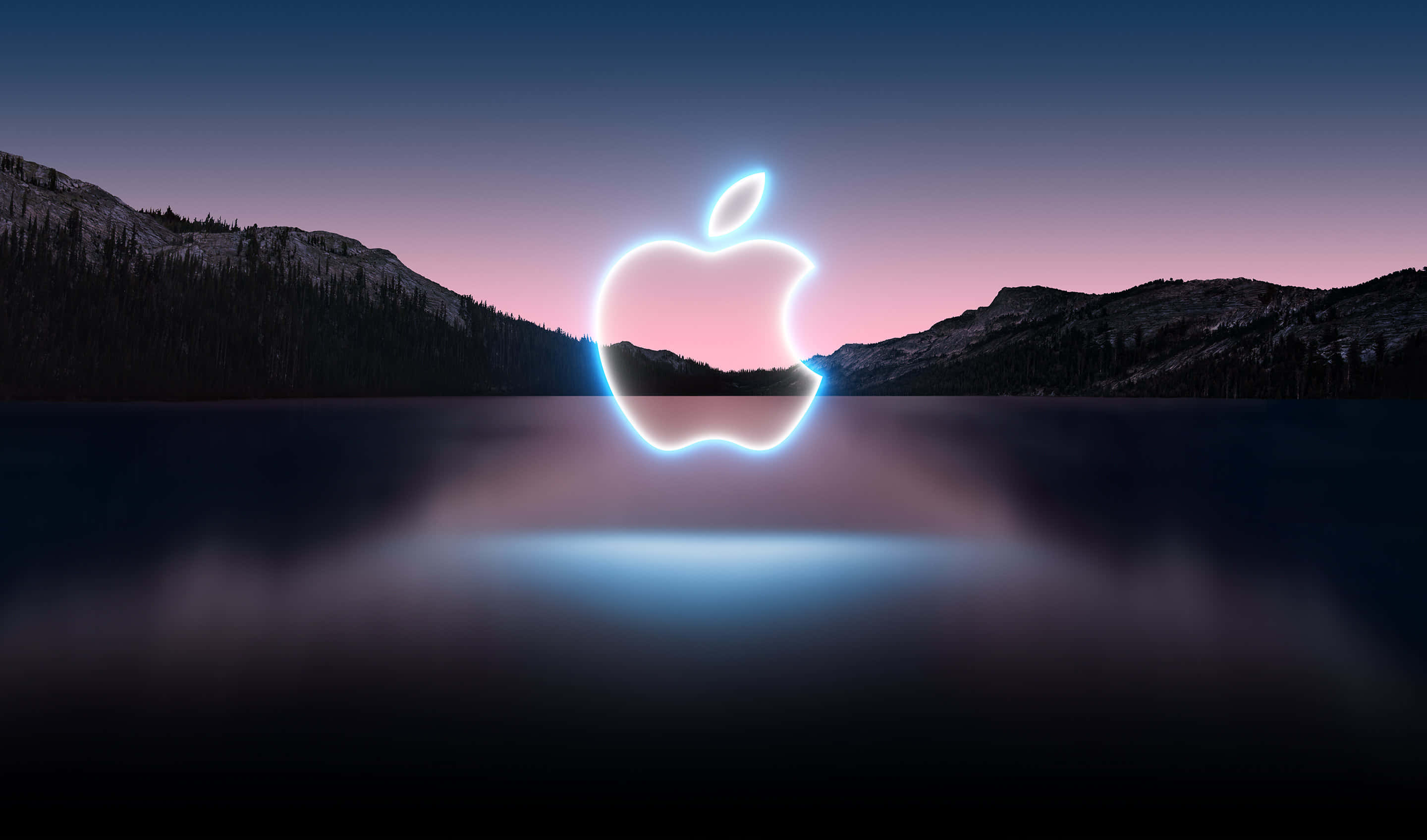 Apple logo, calm lake, twilight, 2K Desktop Wallpaper