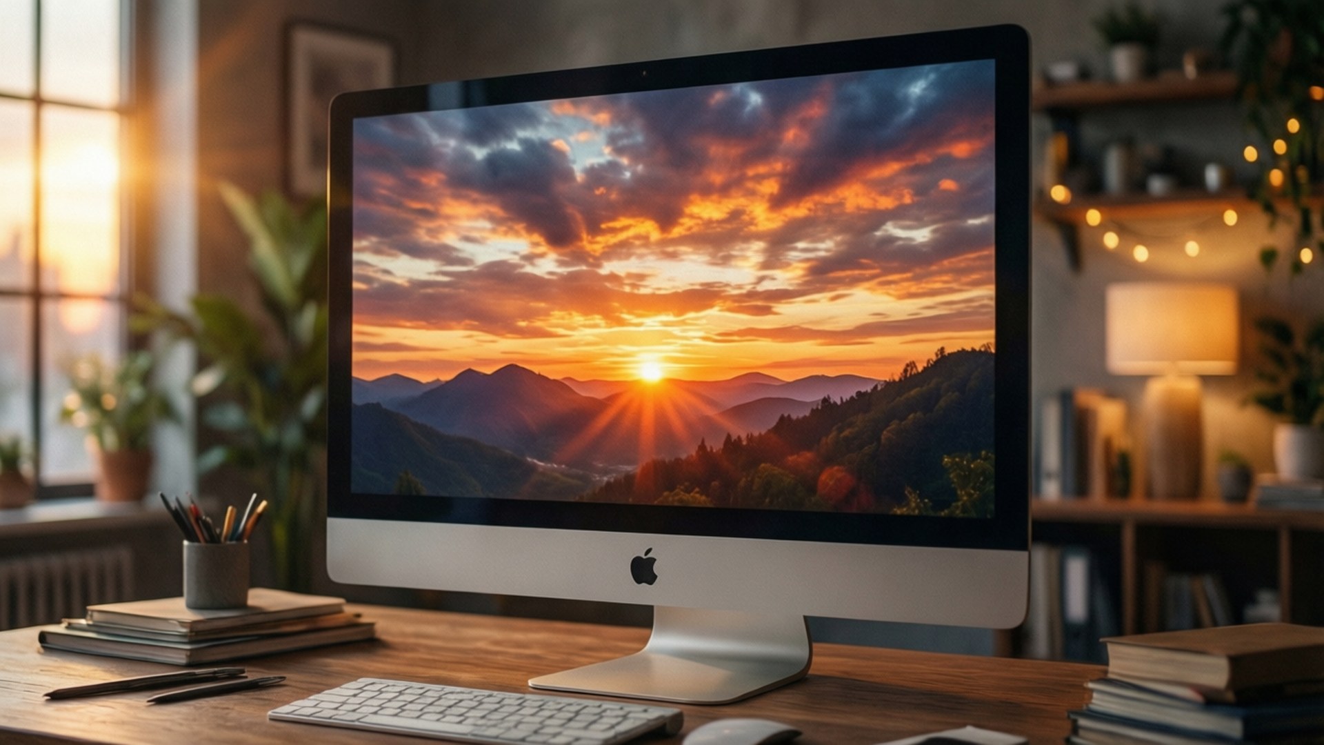 iMac, sunset, golden sunbeams, Full HD Desktop Wallpaper
