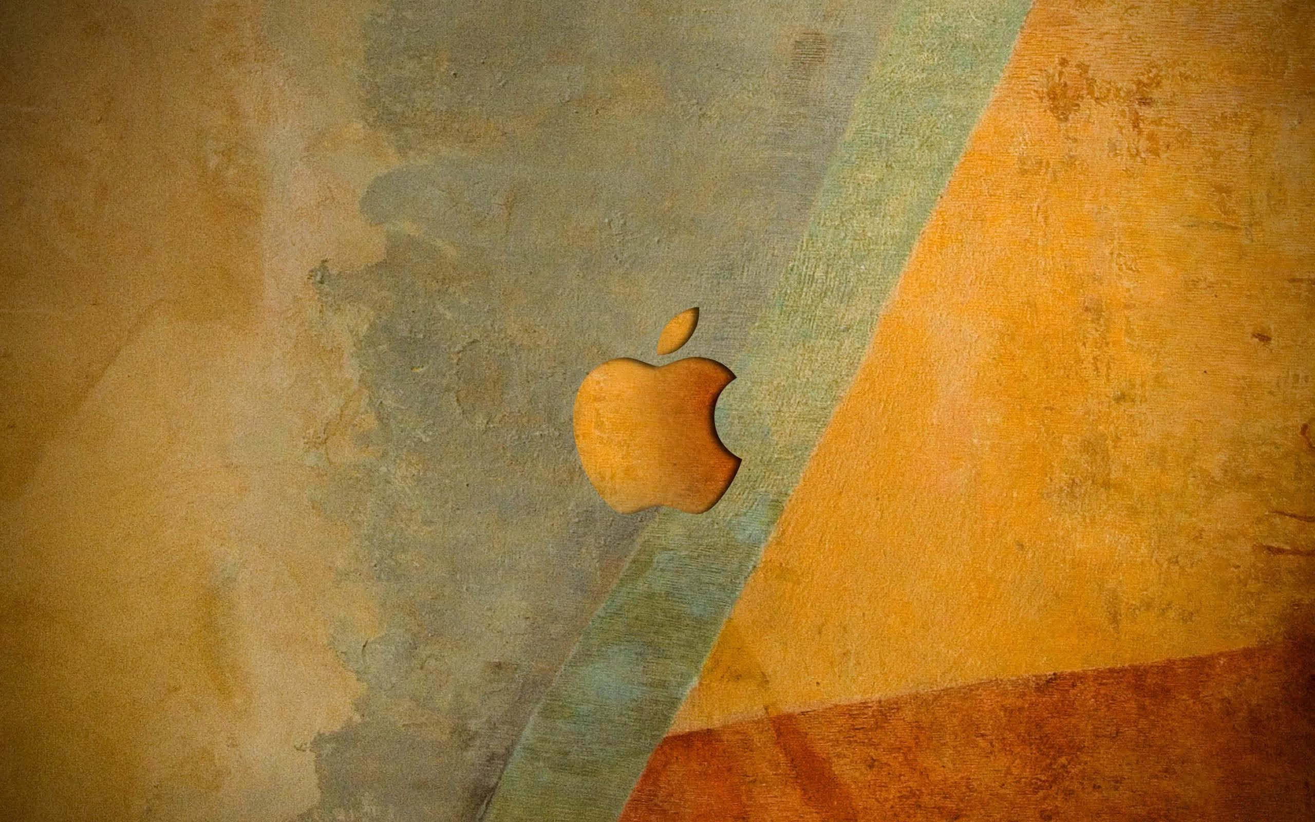 Apple logo, textured wall, warm ochre, 2K Desktop Wallpaper