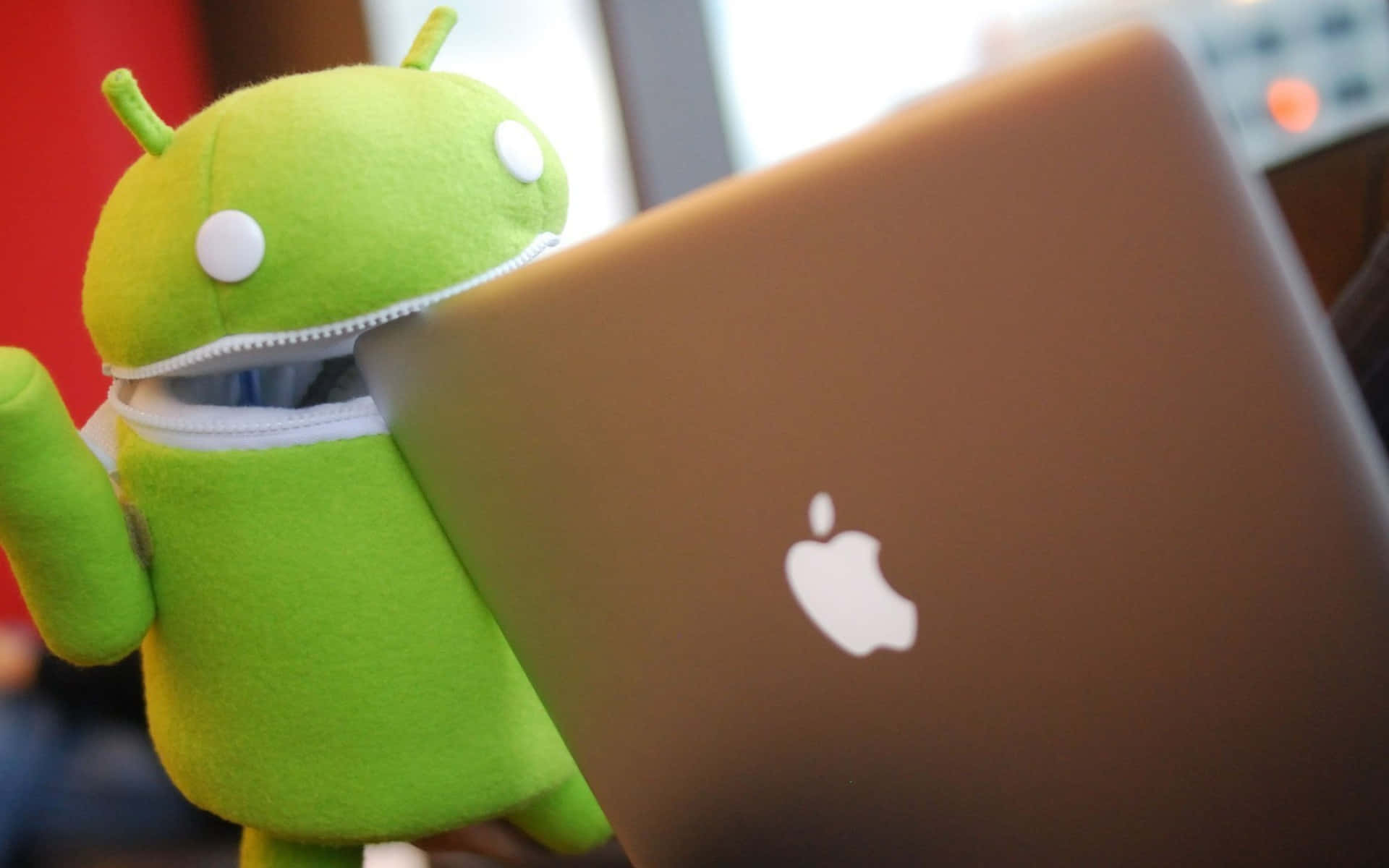 Android plush toy, silver laptop, Apple logo, Full HD Desktop Wallpaper