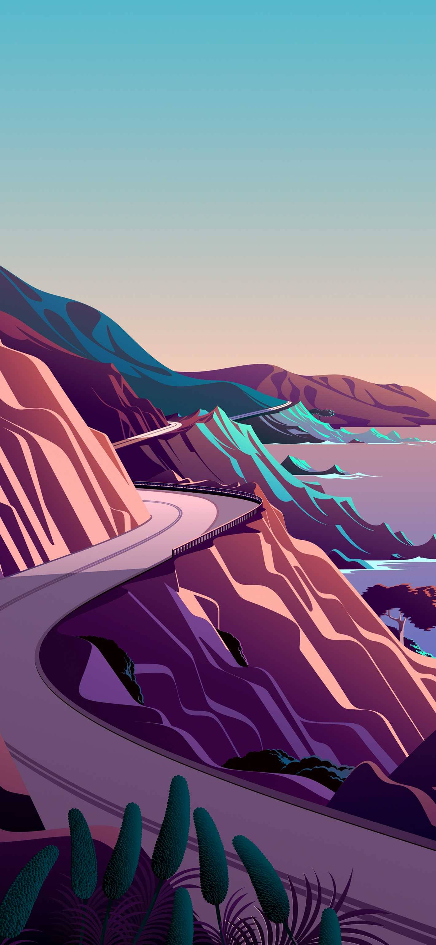 Apple iPhone Default, hillside view, winding coastal road, 2K Phone Wallpaper
